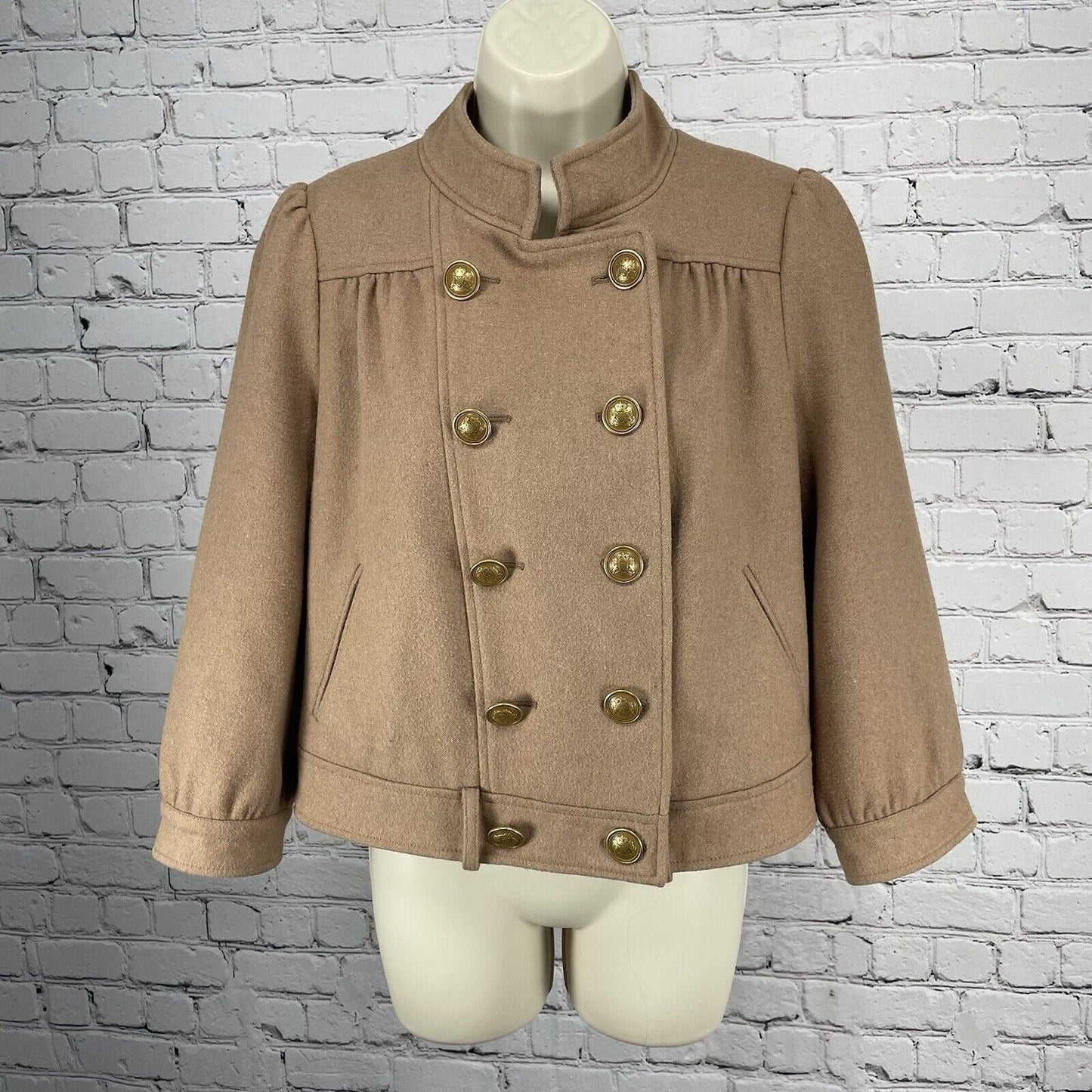 Idra Brown Wool Blend Gold Button Puff Shoulder Collared Lined Jacket Size 6