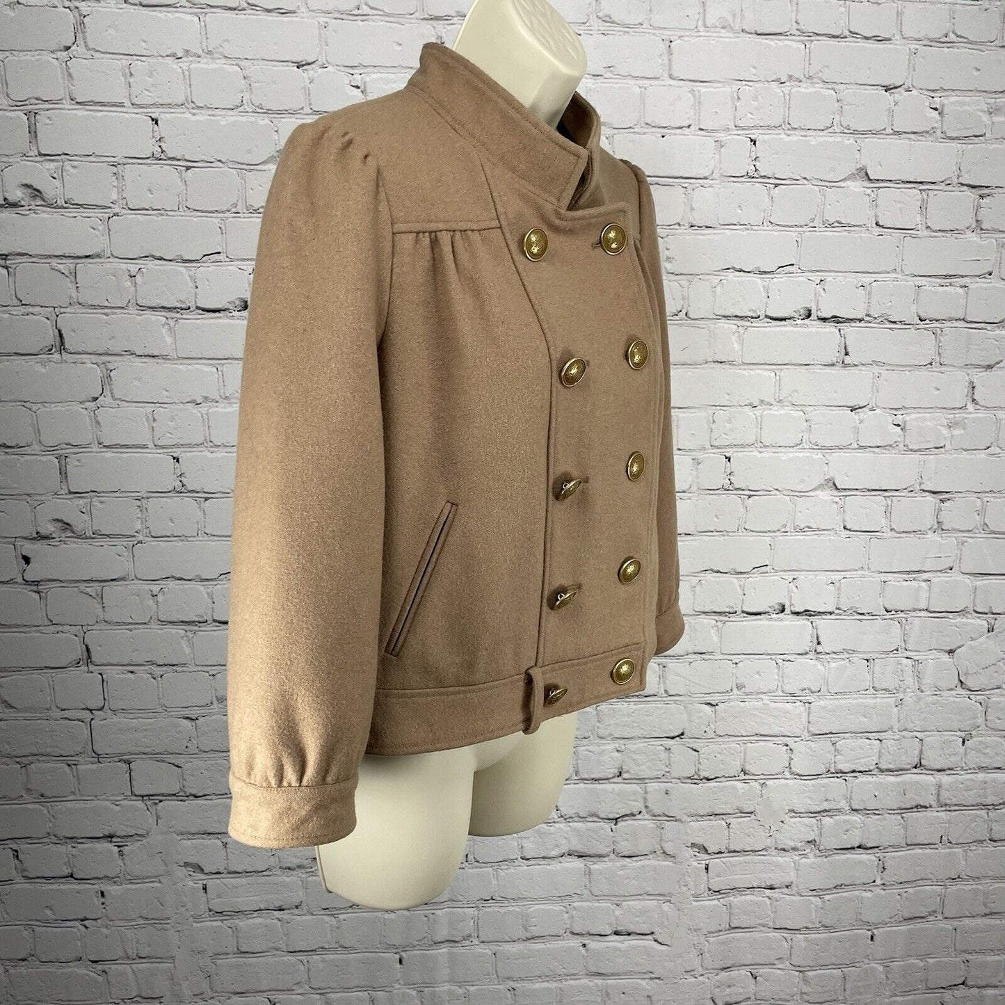 Idra Brown Wool Blend Gold Button Puff Shoulder Collared Lined Jacket Size 6