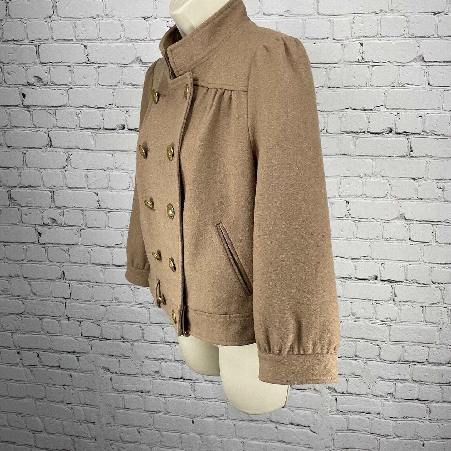 Idra Brown Wool Blend Gold Button Puff Shoulder Collared Lined Jacket Size 6