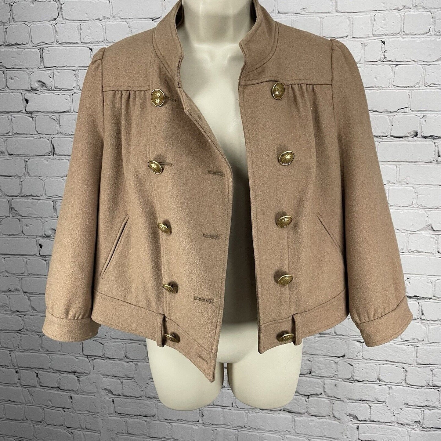 Idra Brown Wool Blend Gold Button Puff Shoulder Collared Lined Jacket Size 6