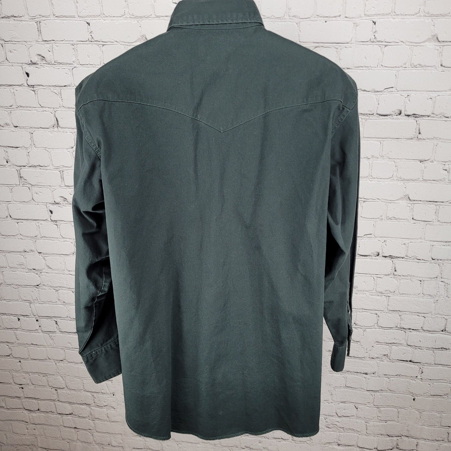 VTG Wrangler Dark Green Heavy Cotton Western Pearl Snap Long Sleeve Shirt XL