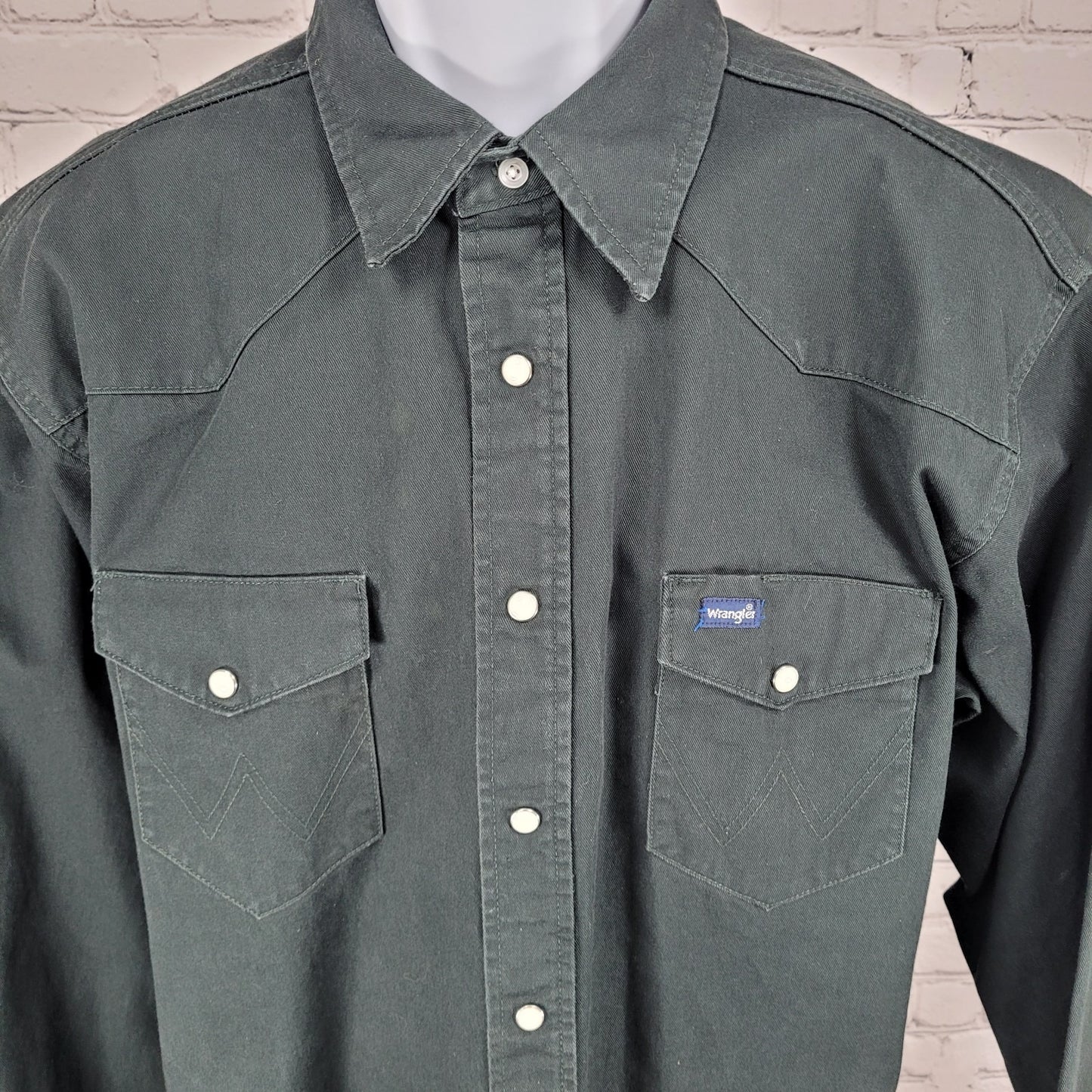 VTG Wrangler Dark Green Heavy Cotton Western Pearl Snap Long Sleeve Shirt XL