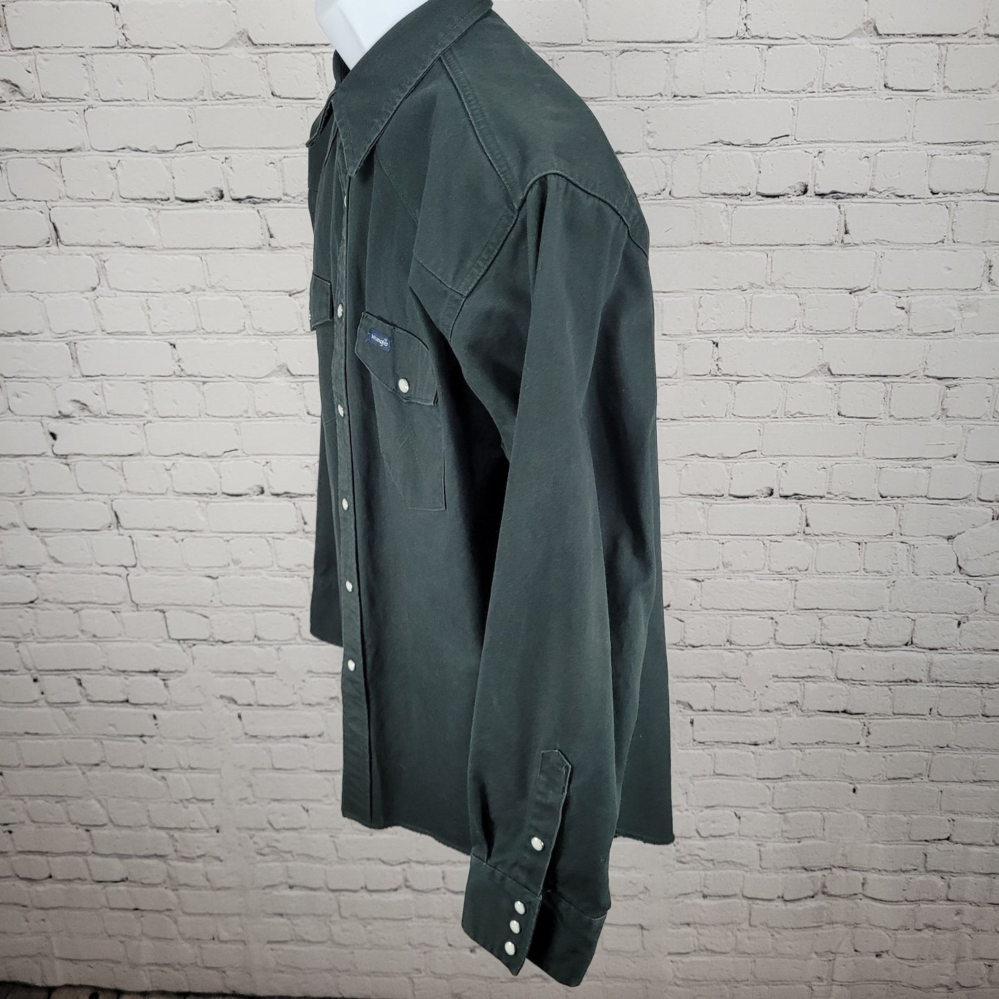 VTG Wrangler Dark Green Heavy Cotton Western Pearl Snap Long Sleeve Shirt XL