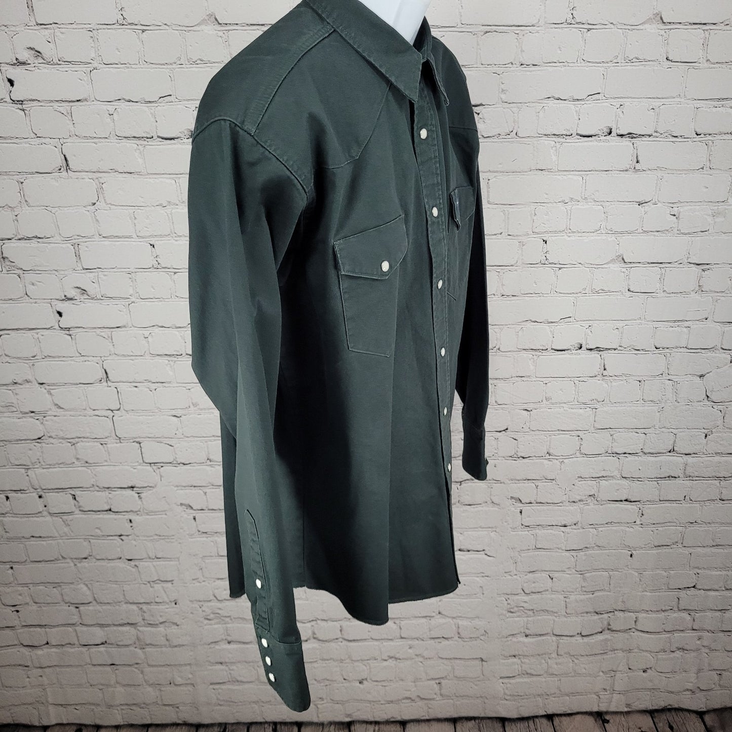 VTG Wrangler Dark Green Heavy Cotton Western Pearl Snap Long Sleeve Shirt XL