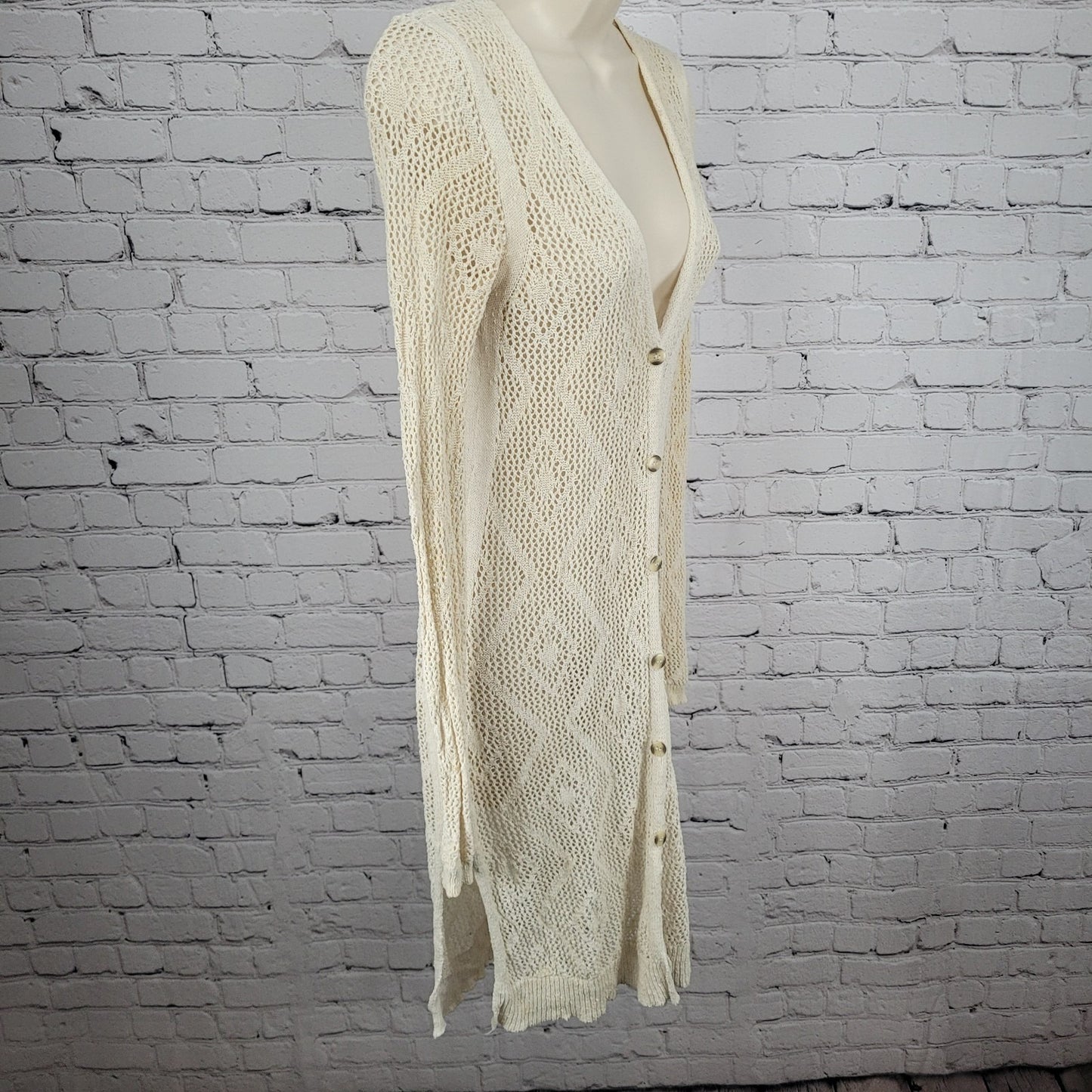 Free People Beige Crochet Sheer Buttoned Long Sleeve Cardigan Sweater Small S