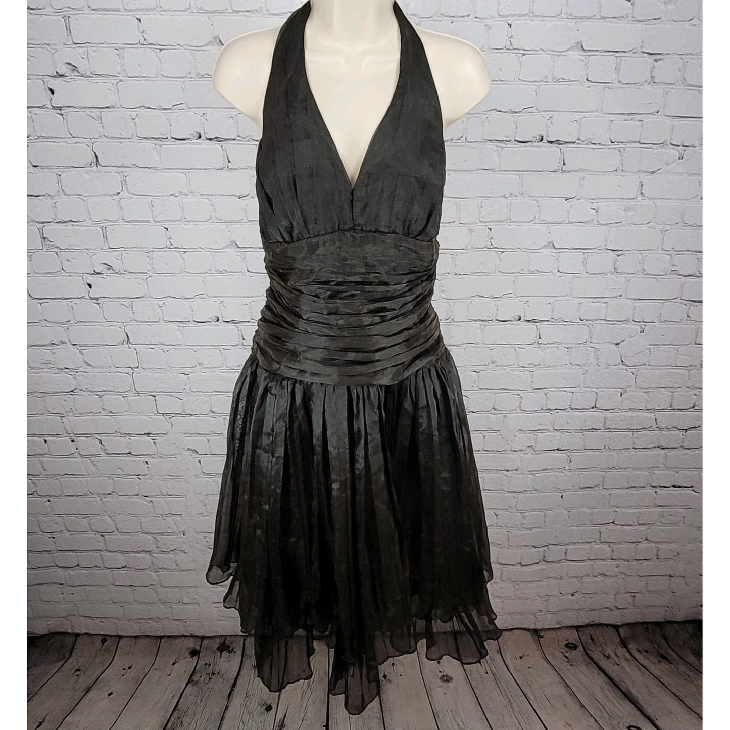 VTG Bari Jay Black Gold Sheen Chiffon Ruched Fit & Flare Dress USA Made Size 16