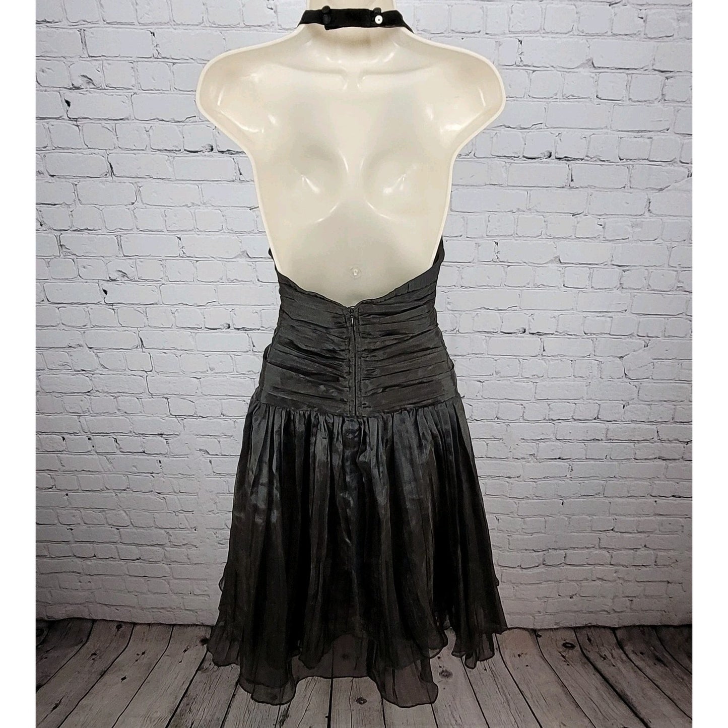 VTG Bari Jay Black Gold Sheen Chiffon Ruched Fit & Flare Dress USA Made Size 16
