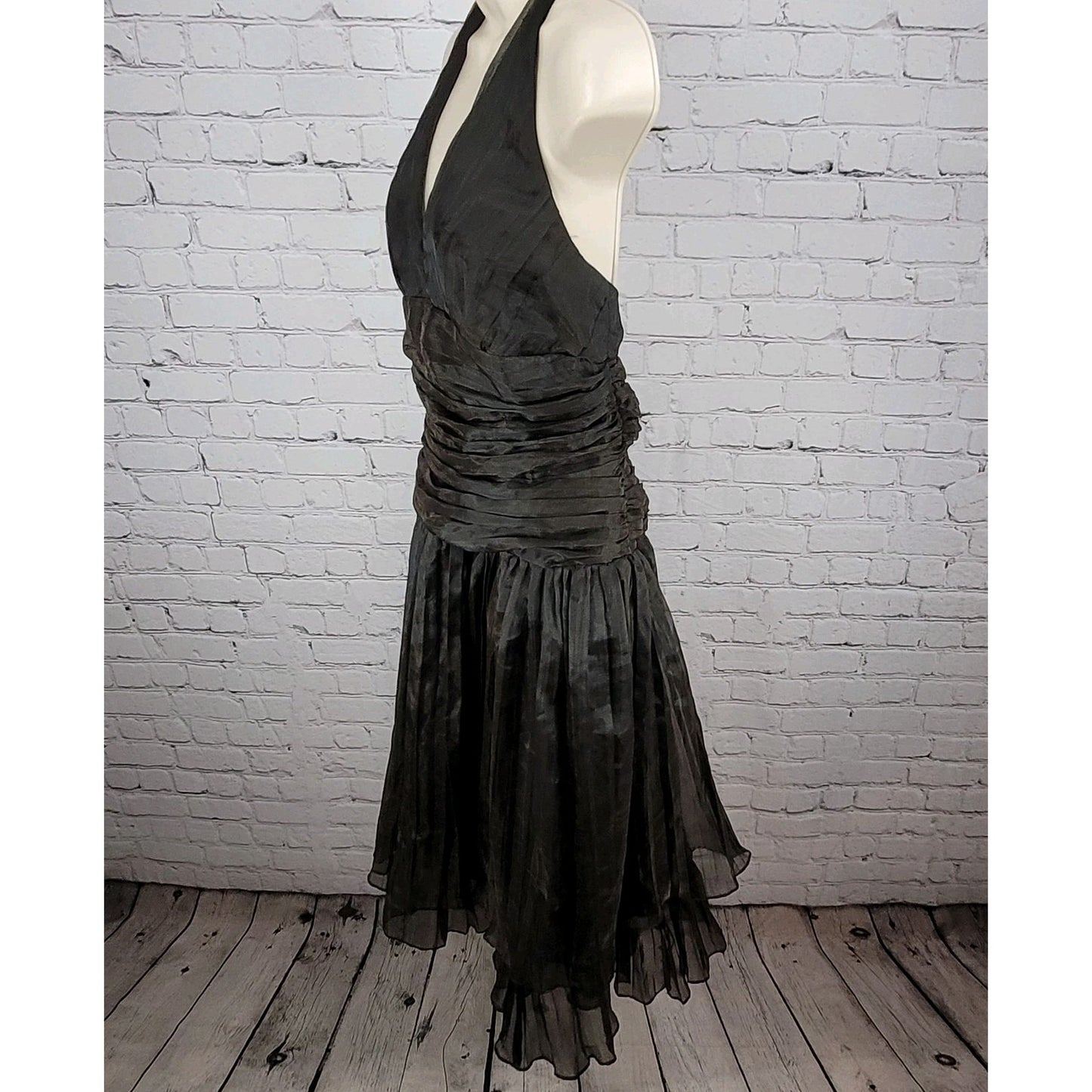 VTG Bari Jay Black Gold Sheen Chiffon Ruched Fit & Flare Dress USA Made Size 16