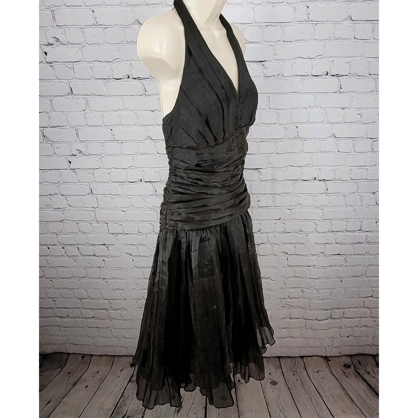 VTG Bari Jay Black Gold Sheen Chiffon Ruched Fit & Flare Dress USA Made Size 16