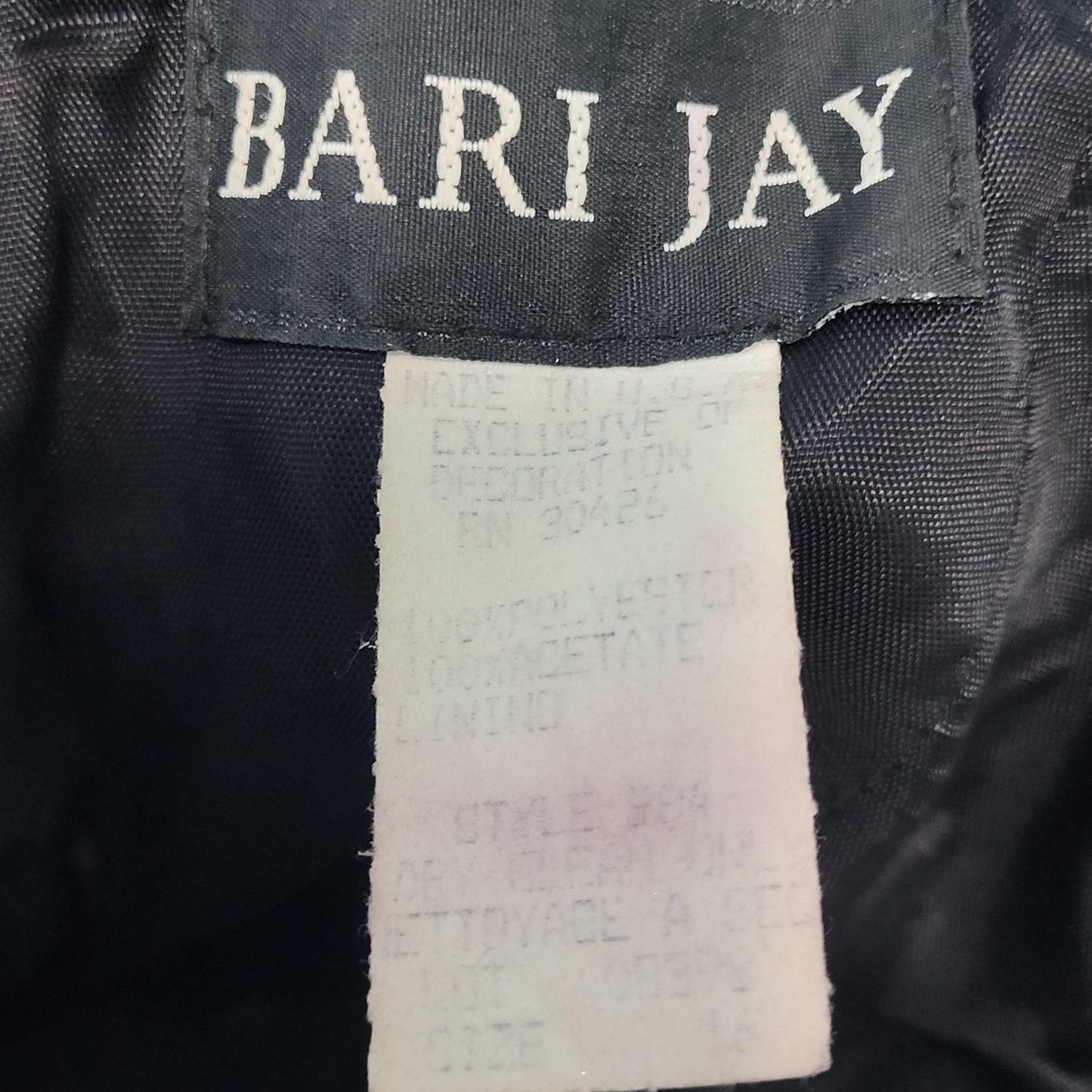 VTG Bari Jay Black Gold Sheen Chiffon Ruched Fit & Flare Dress USA Made Size 16