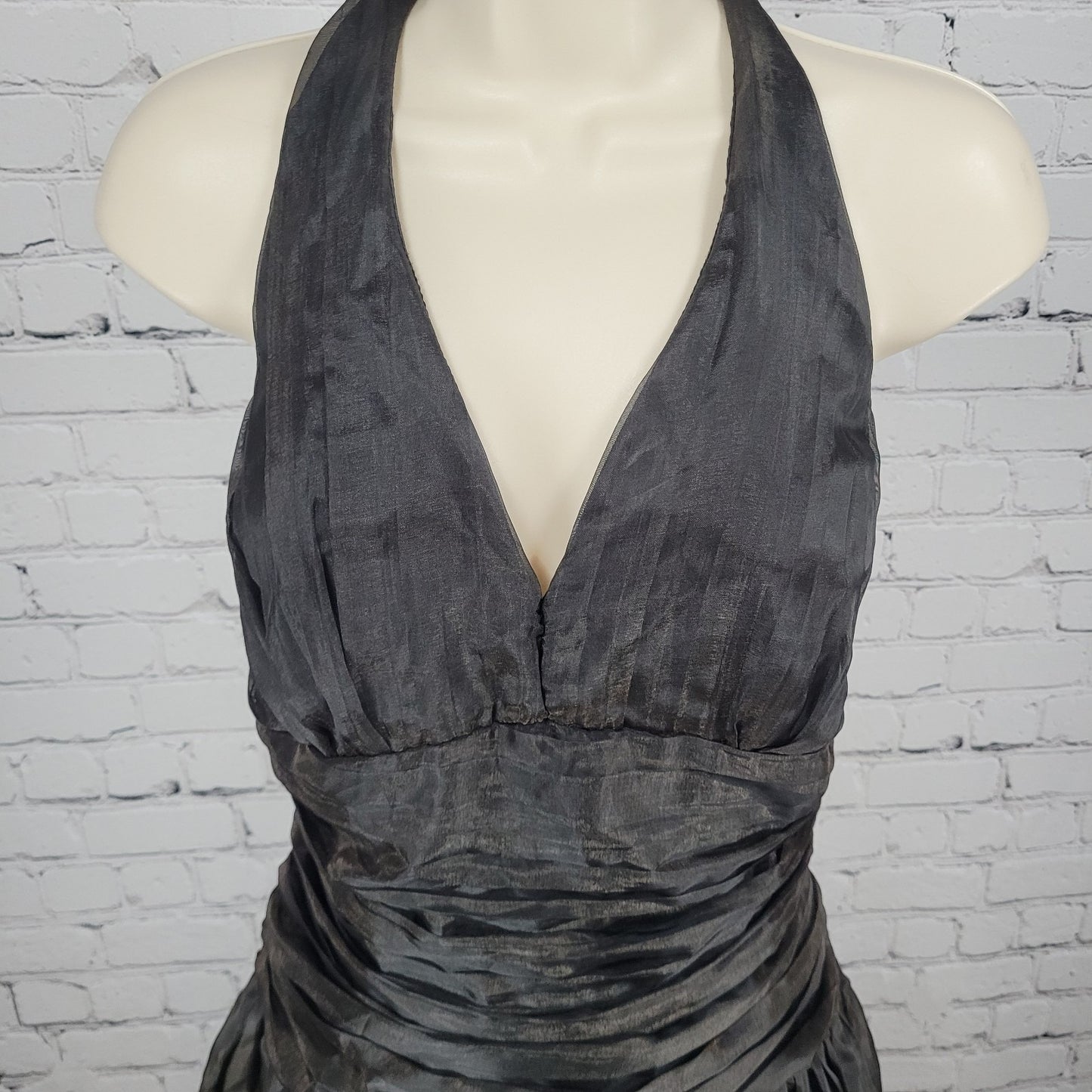 VTG Bari Jay Black Gold Sheen Chiffon Ruched Fit & Flare Dress USA Made Size 16