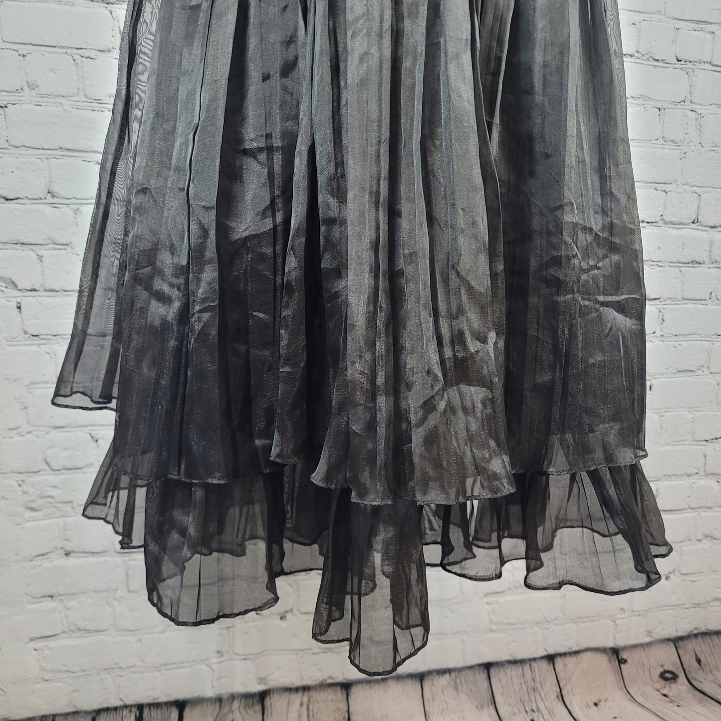 VTG Bari Jay Black Gold Sheen Chiffon Ruched Fit & Flare Dress USA Made Size 16