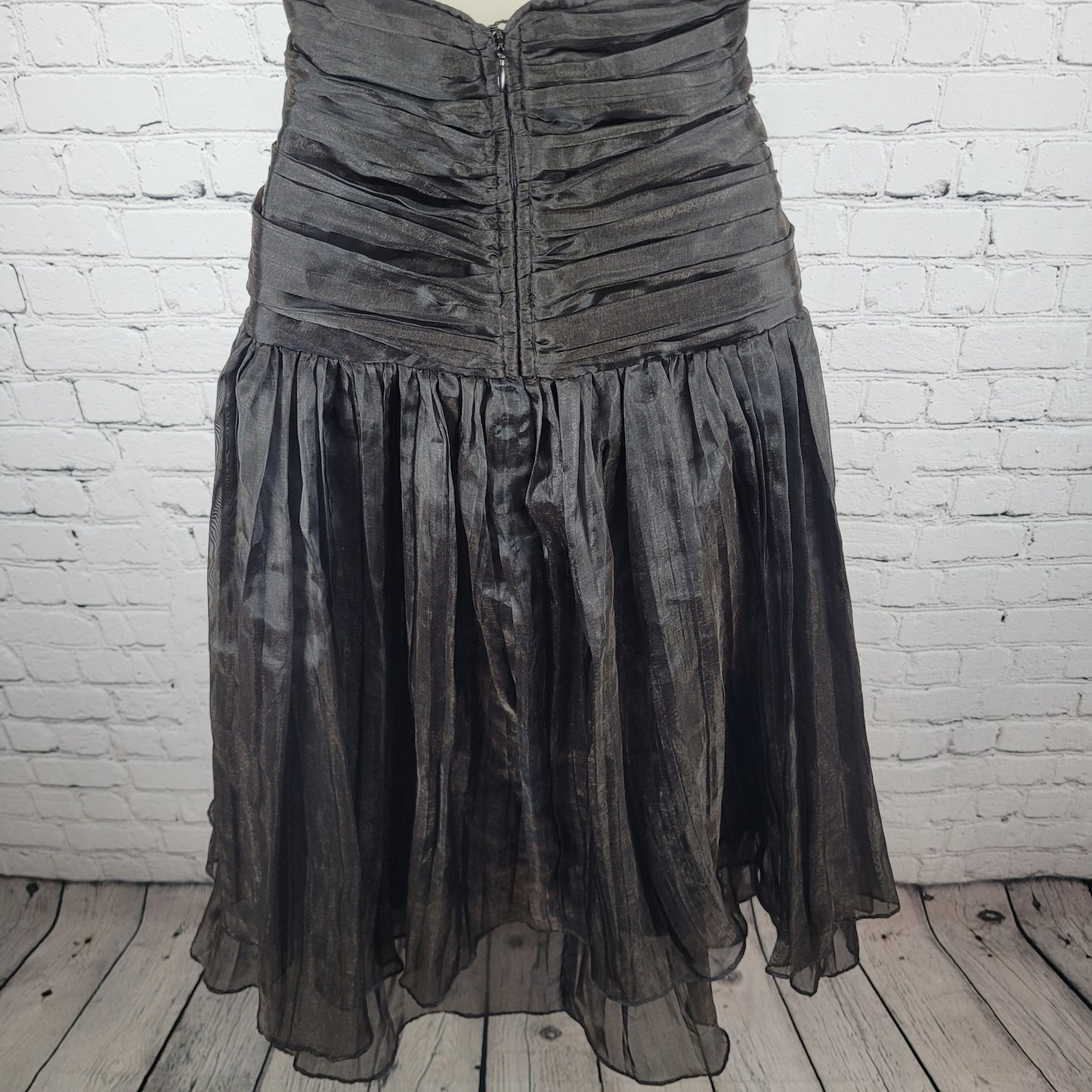 VTG Bari Jay Black Gold Sheen Chiffon Ruched Fit & Flare Dress USA Made Size 16