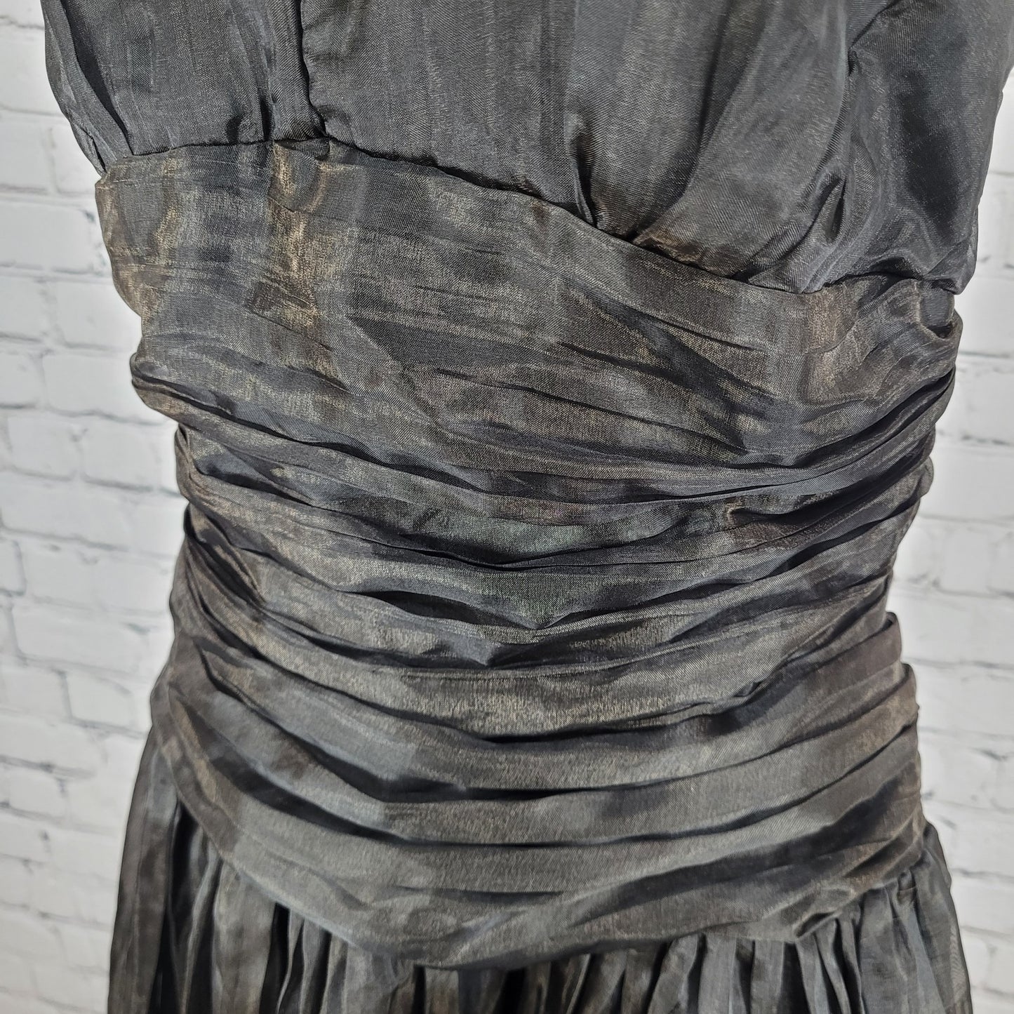 VTG Bari Jay Black Gold Sheen Chiffon Ruched Fit & Flare Dress USA Made Size 16