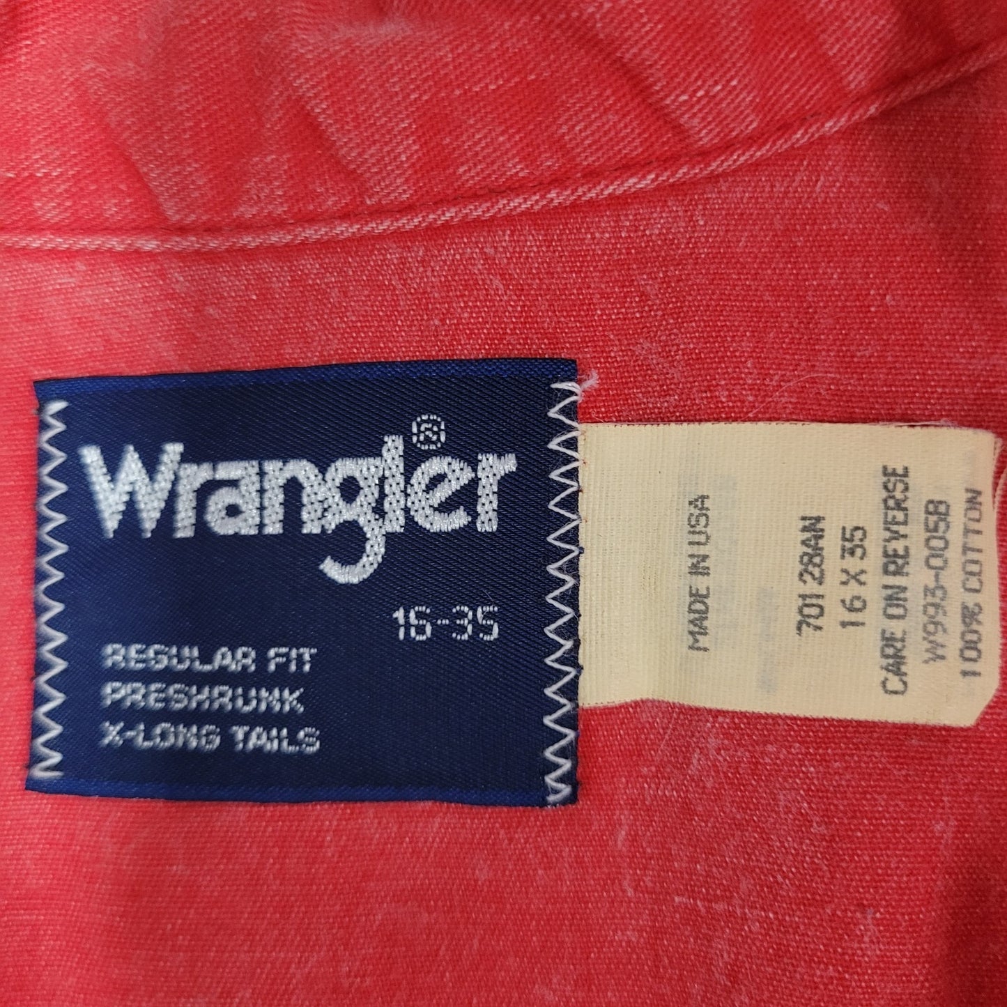 VTG Wrangler Red Cotton Western Button Up Long Sleeve Shirt USA Made Size 16-35
