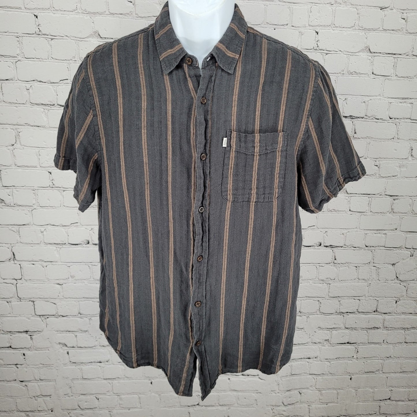 Katin Grey Brown Striped Cotton Linen Blend Button Up Shirt Size MD Medium
