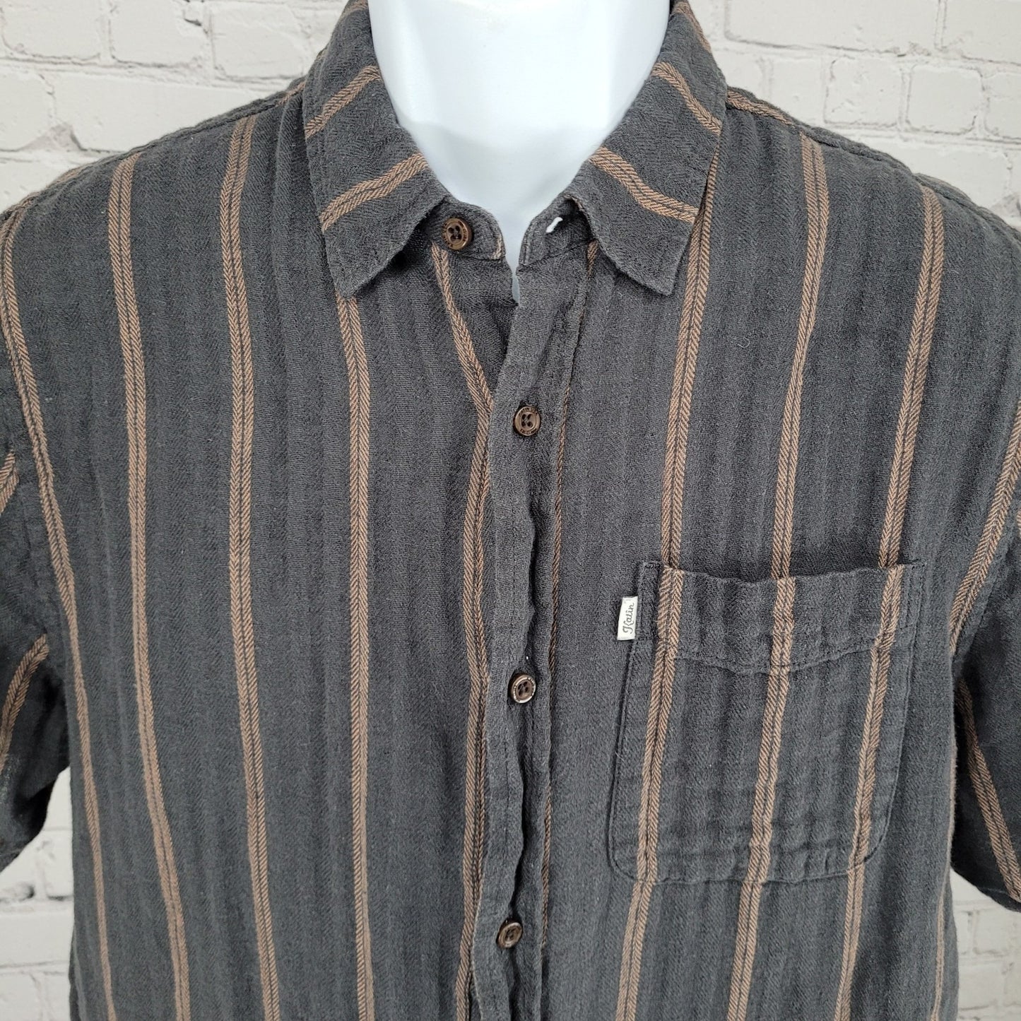 Katin Grey Brown Striped Cotton Linen Blend Button Up Shirt Size MD Medium