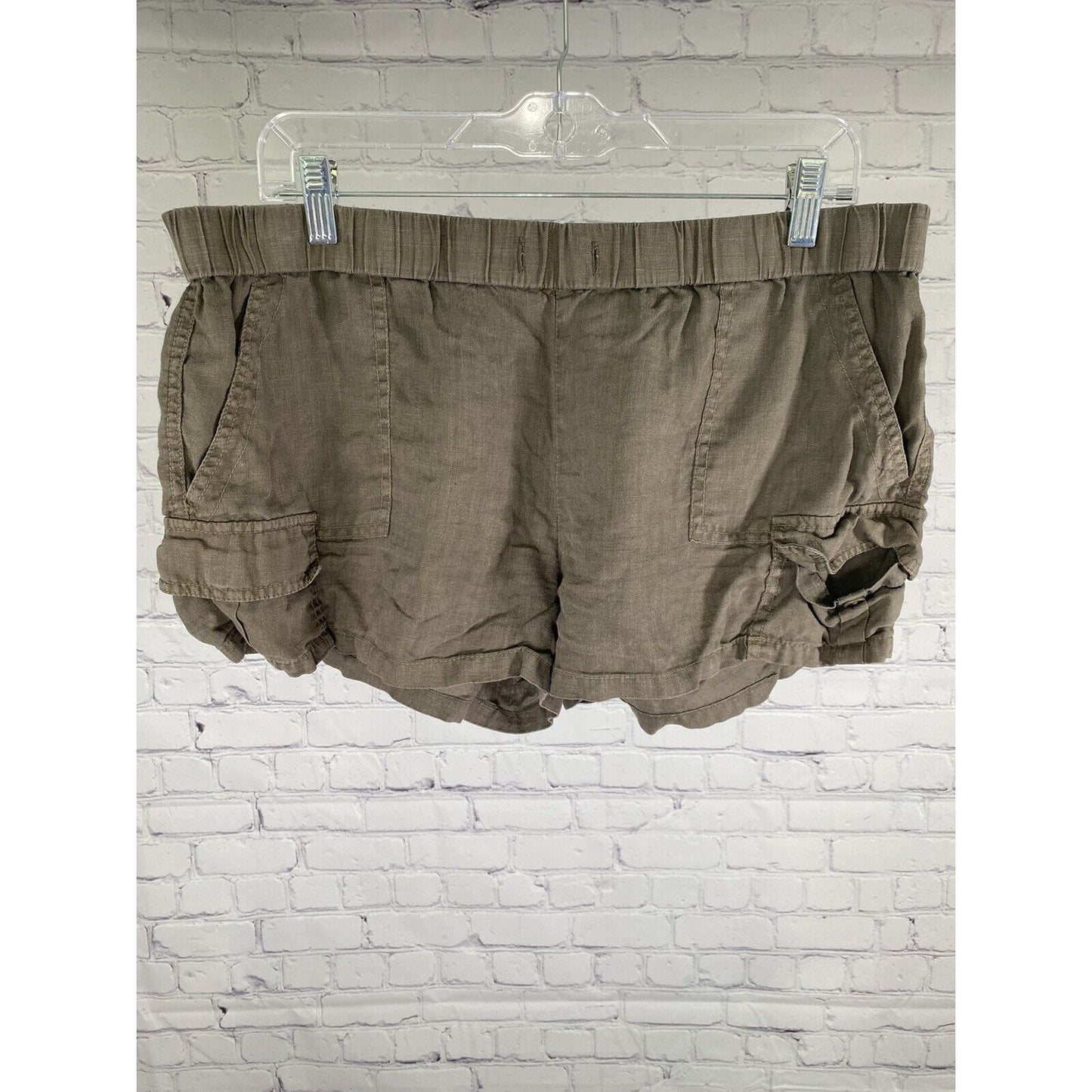 Joie 100% Linen Forest Green Elastic Waist Pull On Pocket Casual Shorts Size 14