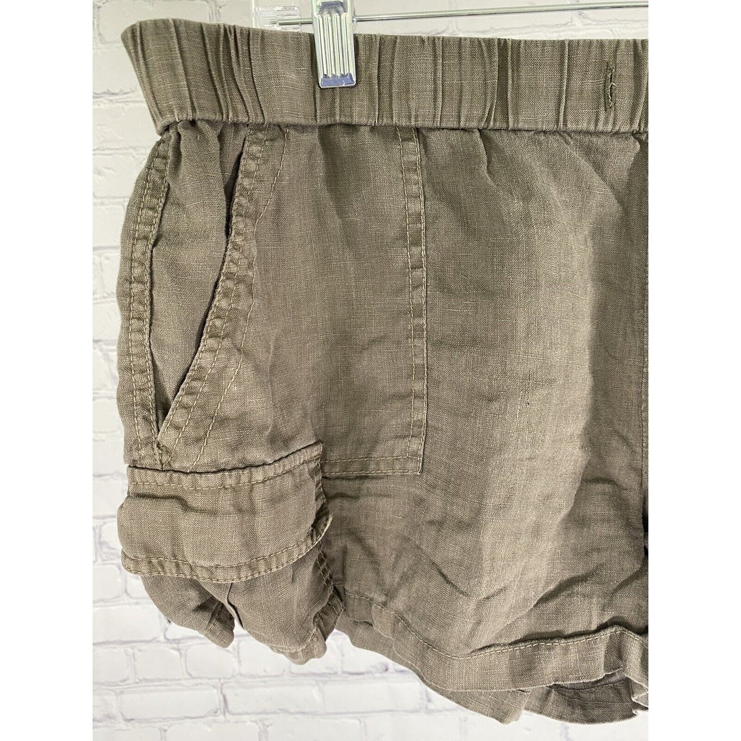 Joie 100% Linen Forest Green Elastic Waist Pull On Pocket Casual Shorts Size 14
