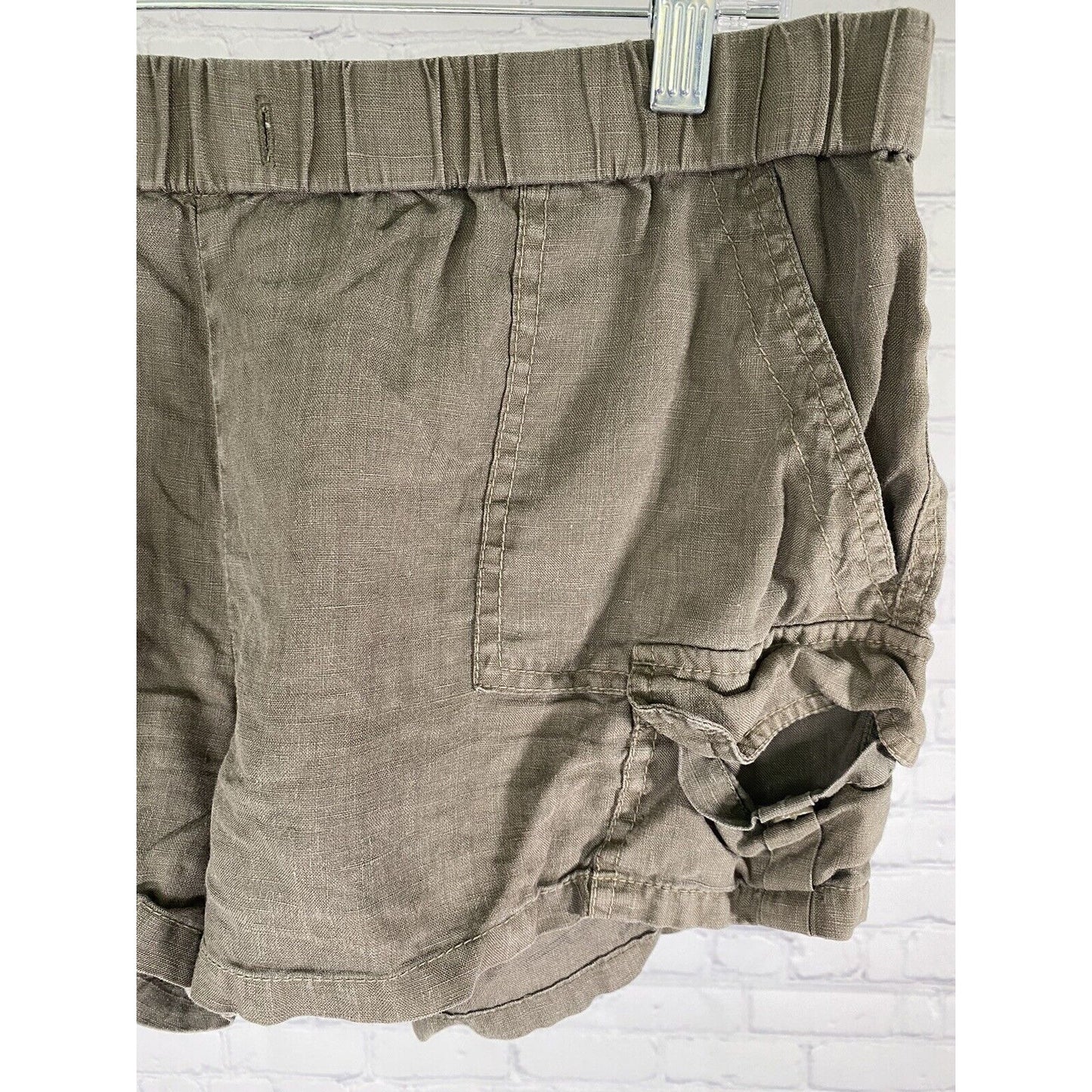 Joie 100% Linen Forest Green Elastic Waist Pull On Pocket Casual Shorts Size 14