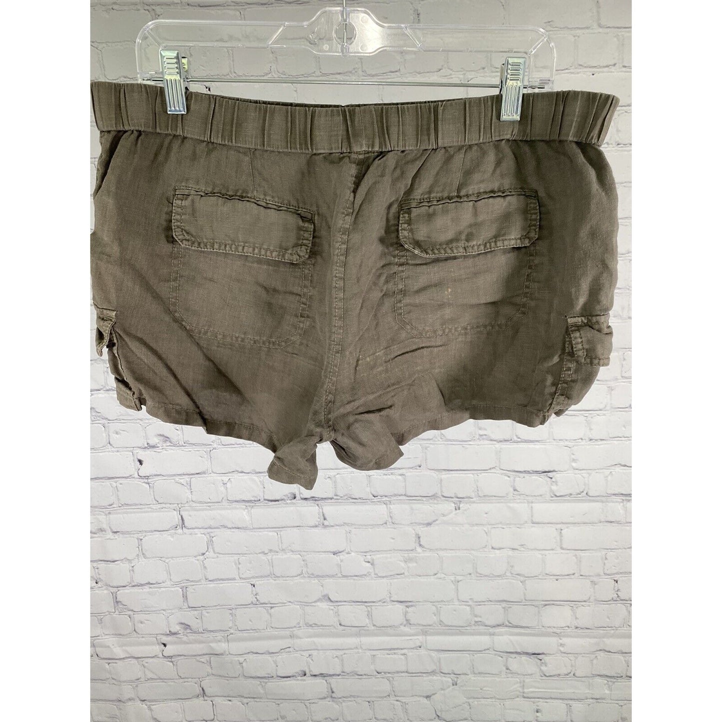 Joie 100% Linen Forest Green Elastic Waist Pull On Pocket Casual Shorts Size 14