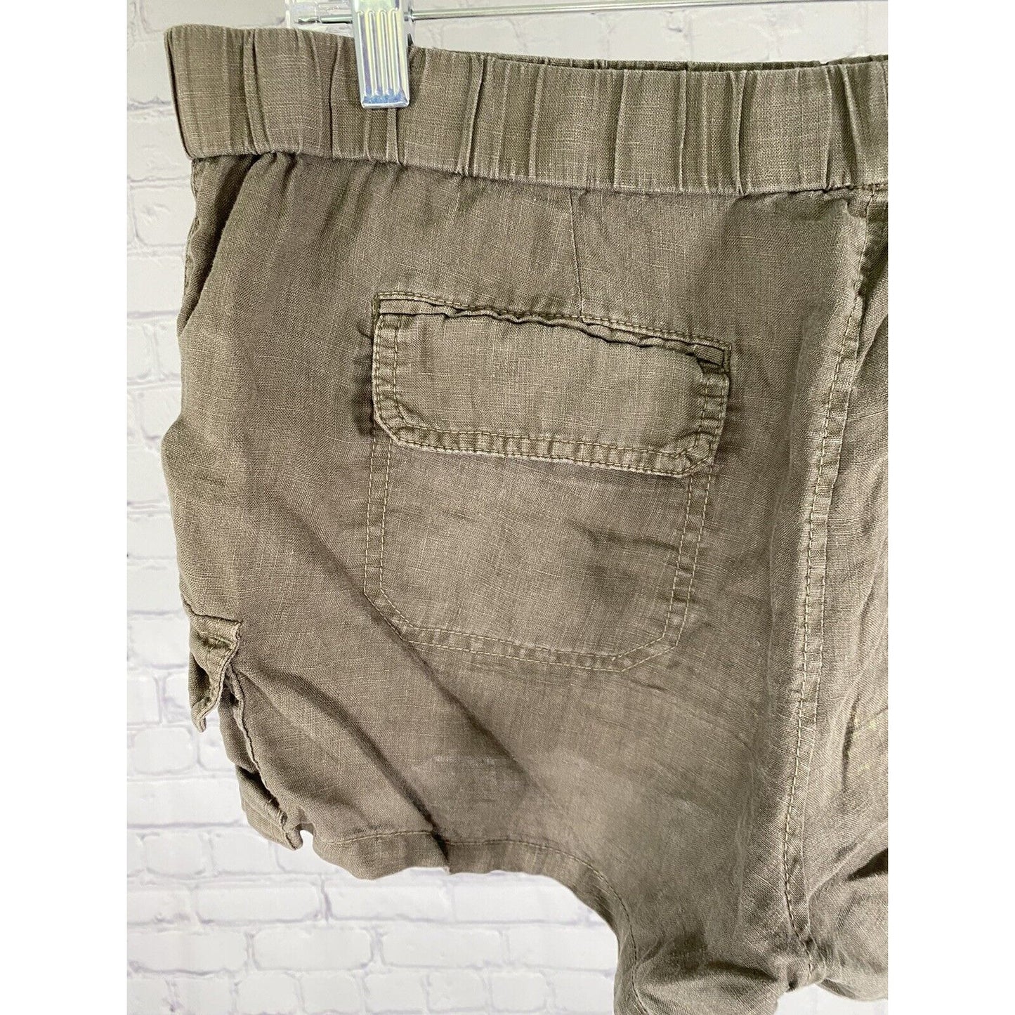 Joie 100% Linen Forest Green Elastic Waist Pull On Pocket Casual Shorts Size 14