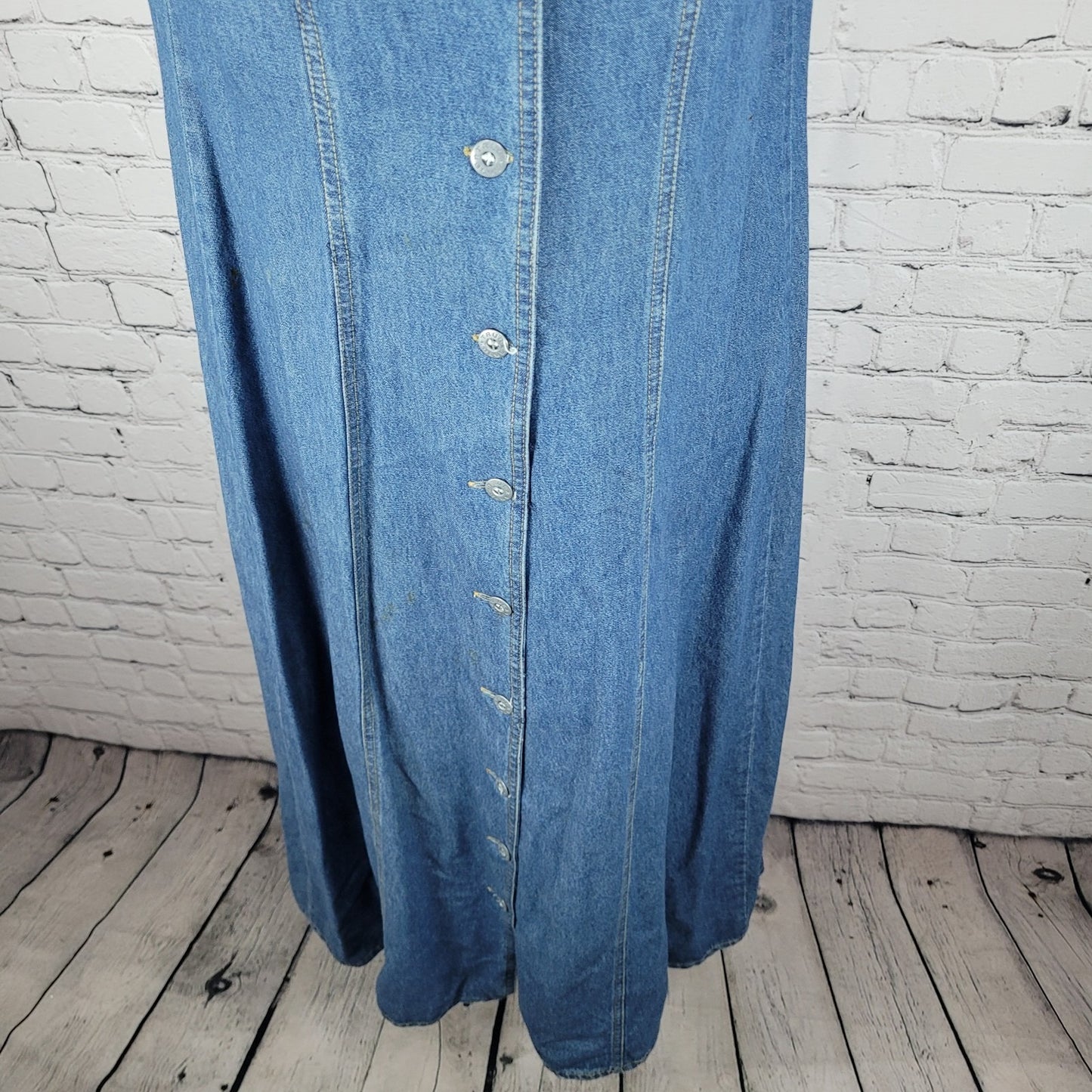 VTG True Blue 100% Cotton Denim Buttoned Overall Unlined Maxi Dress Size 9/10