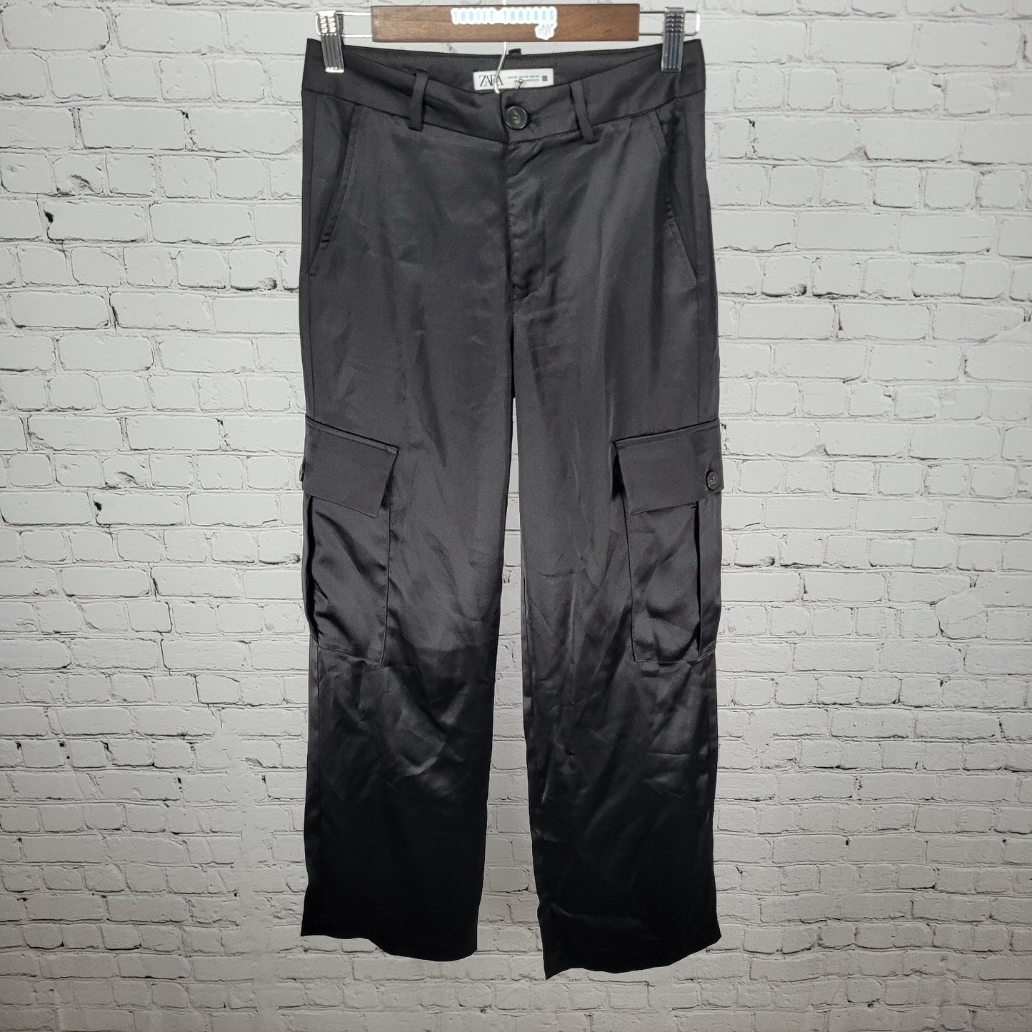 Zara Black Silky Satin Cargo Pockets Straight Leg Mid Rise Pants Size XS (26x29)