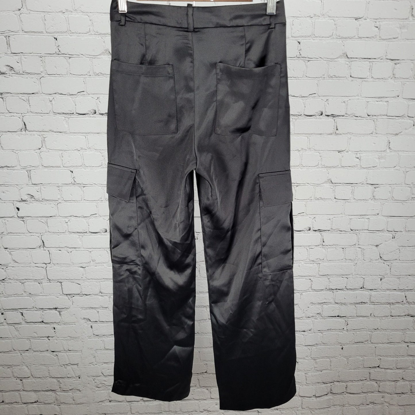 Zara Black Silky Satin Cargo Pockets Straight Leg Mid Rise Pants Size XS (26x29)