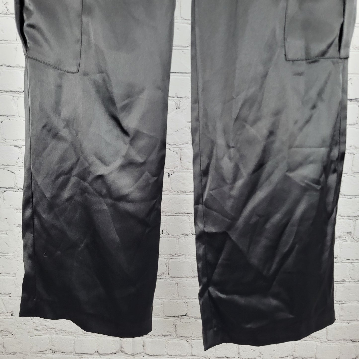 Zara Black Silky Satin Cargo Pockets Straight Leg Mid Rise Pants Size XS (26x29)