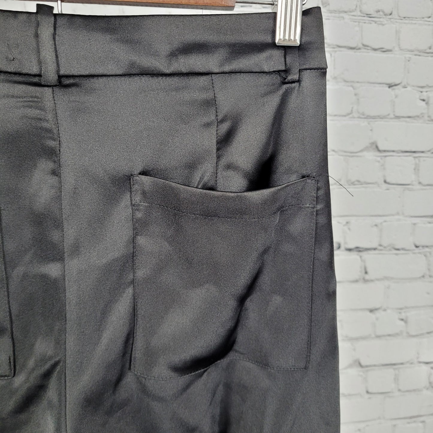 Zara Black Silky Satin Cargo Pockets Straight Leg Mid Rise Pants Size XS (26x29)