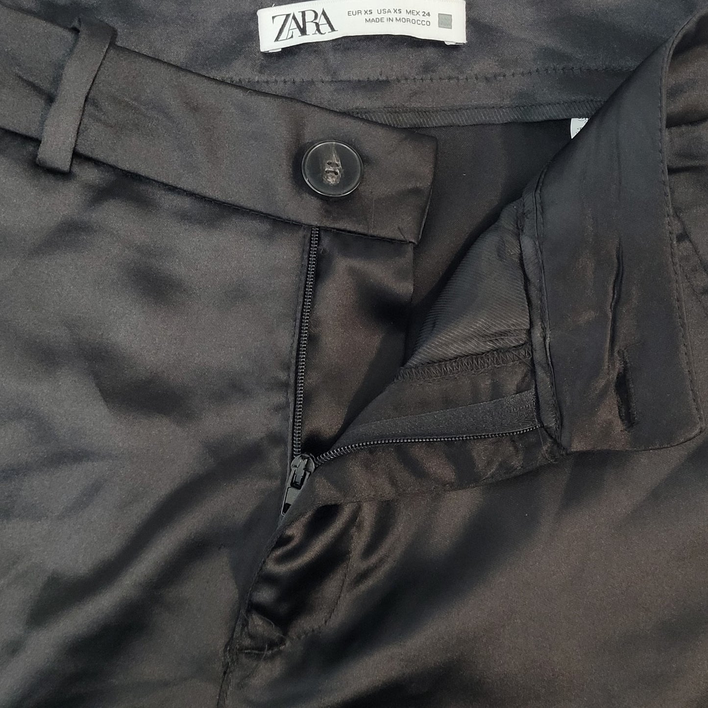 Zara Black Silky Satin Cargo Pockets Straight Leg Mid Rise Pants Size XS (26x29)