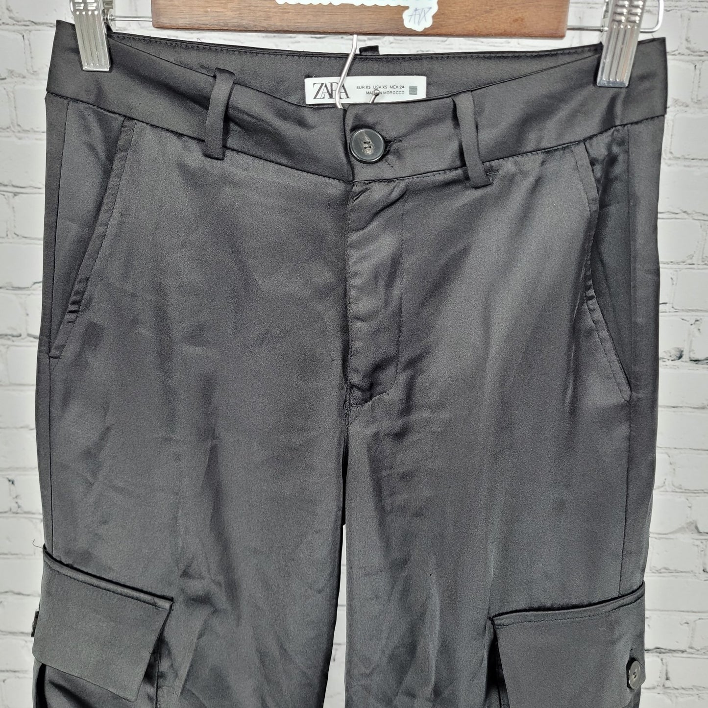 Zara Black Silky Satin Cargo Pockets Straight Leg Mid Rise Pants Size XS (26x29)