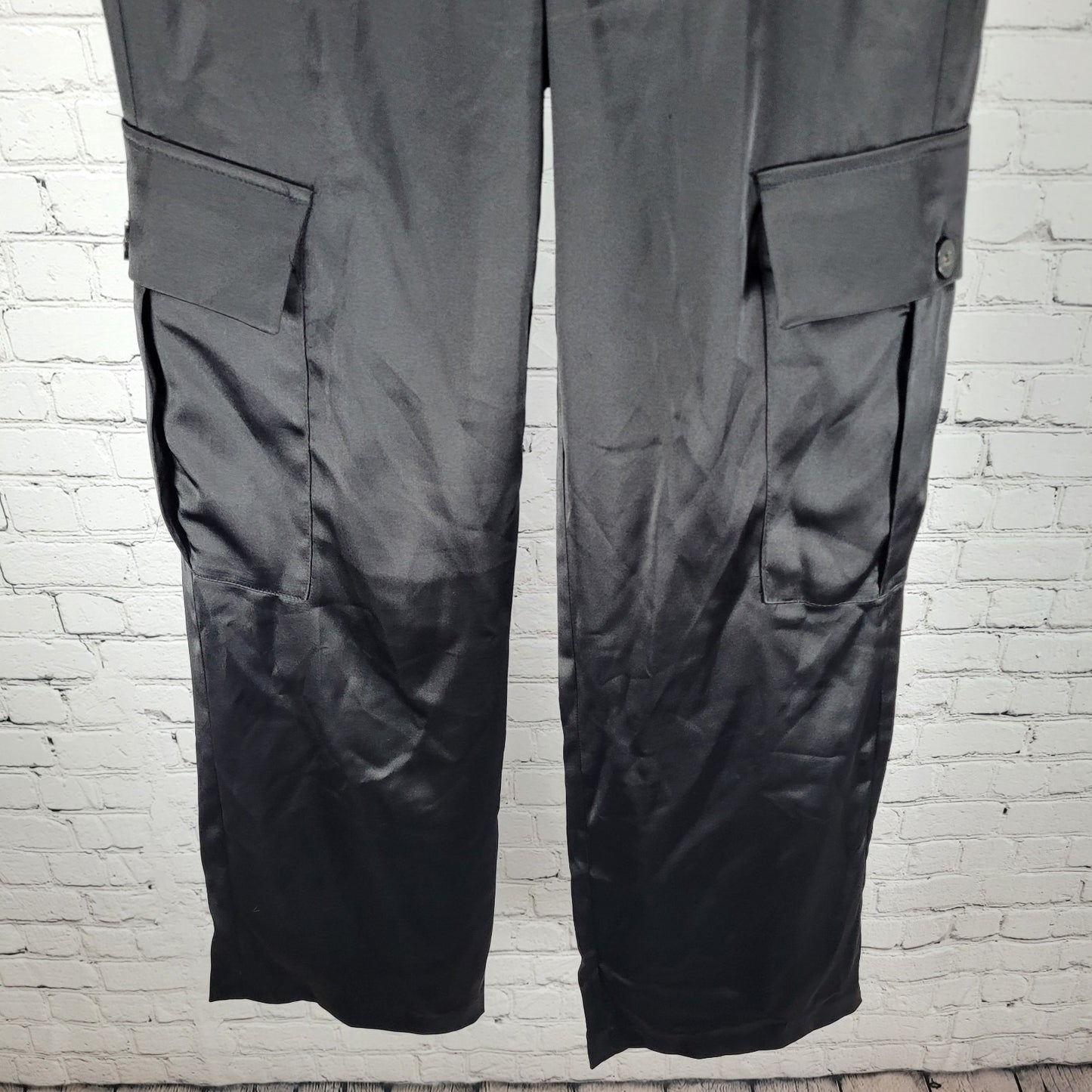 Zara Black Silky Satin Cargo Pockets Straight Leg Mid Rise Pants Size XS (26x29)
