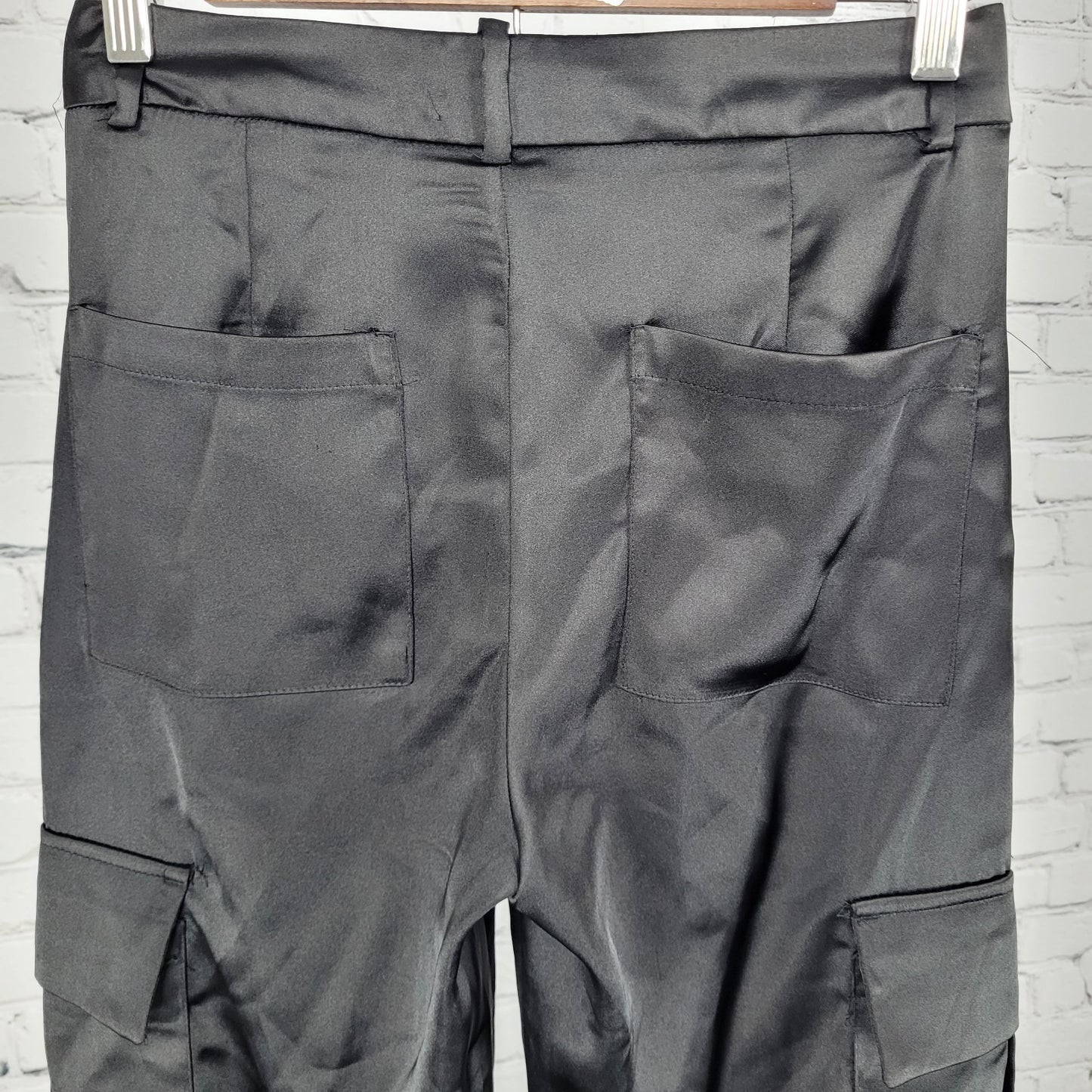 Zara Black Silky Satin Cargo Pockets Straight Leg Mid Rise Pants Size XS (26x29)