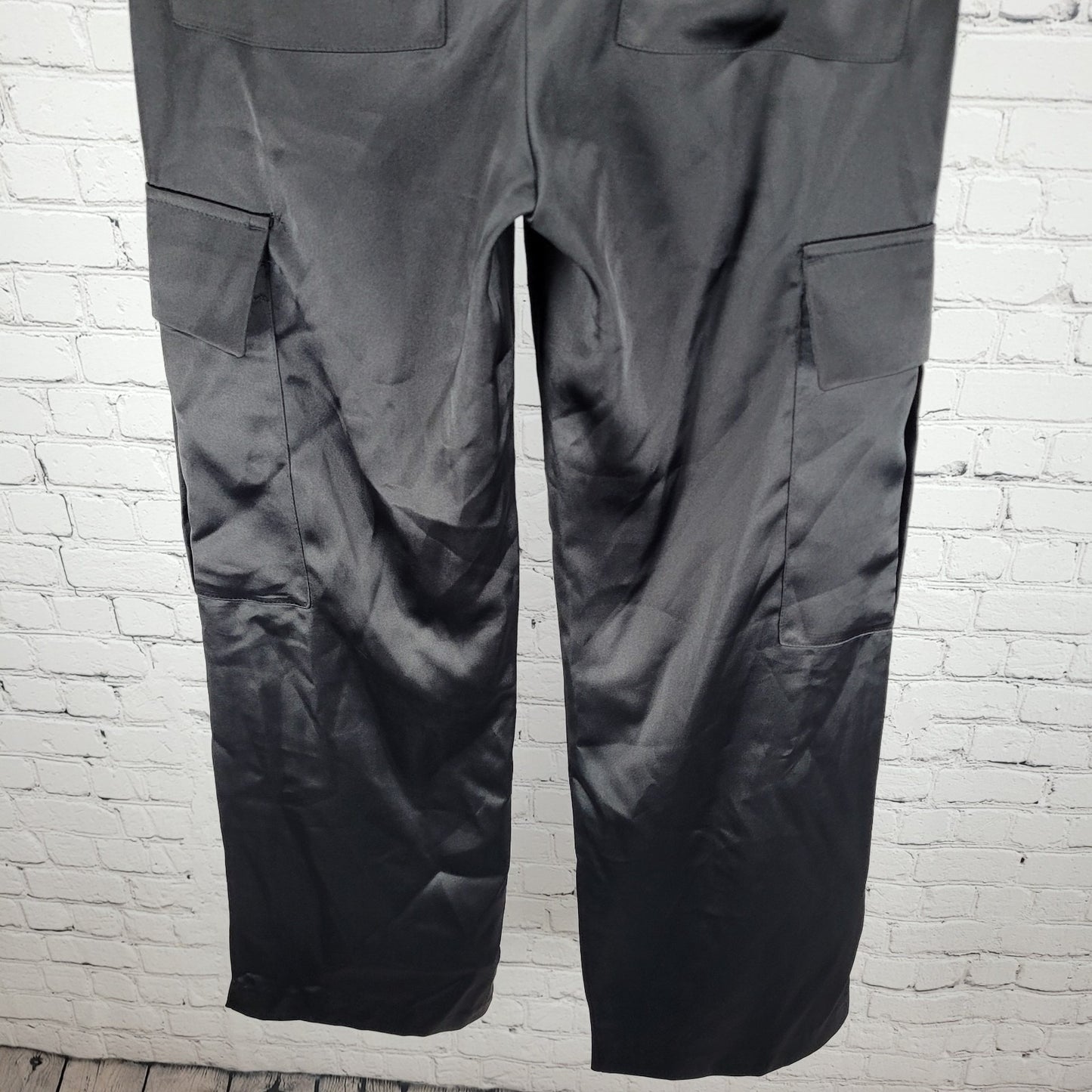 Zara Black Silky Satin Cargo Pockets Straight Leg Mid Rise Pants Size XS (26x29)