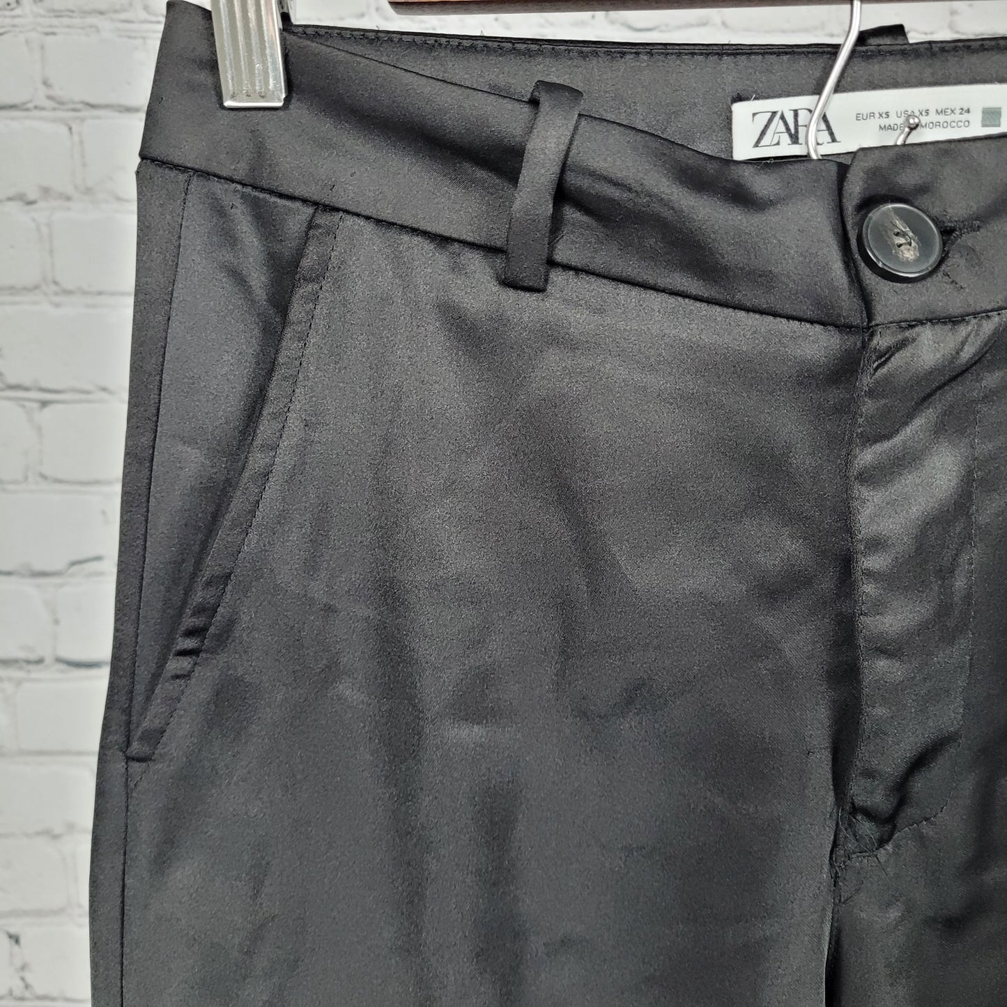 Zara Black Silky Satin Cargo Pockets Straight Leg Mid Rise Pants Size XS (26x29)