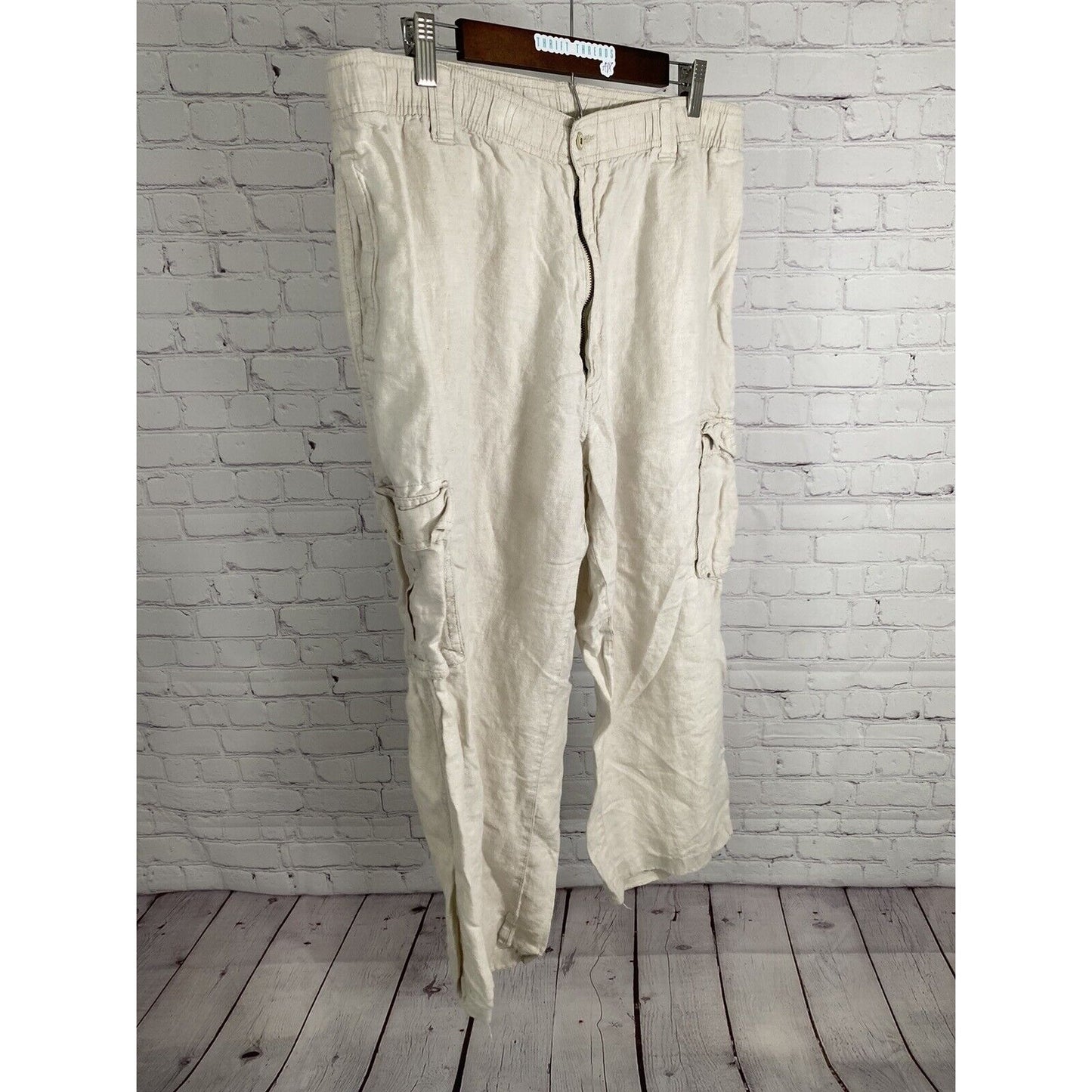Caribbean Beige Linen Elastic Waist Wide Leg High Rise Cargo Pants Men’s 40 x 24