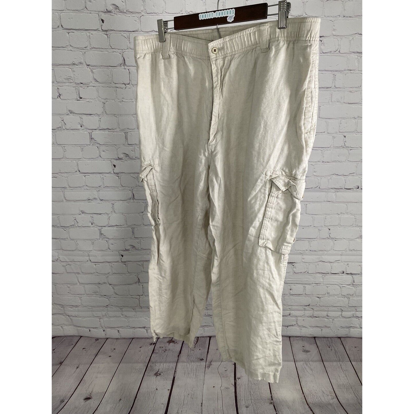 Caribbean Beige Linen Elastic Waist Wide Leg High Rise Cargo Pants Men’s 40 x 24