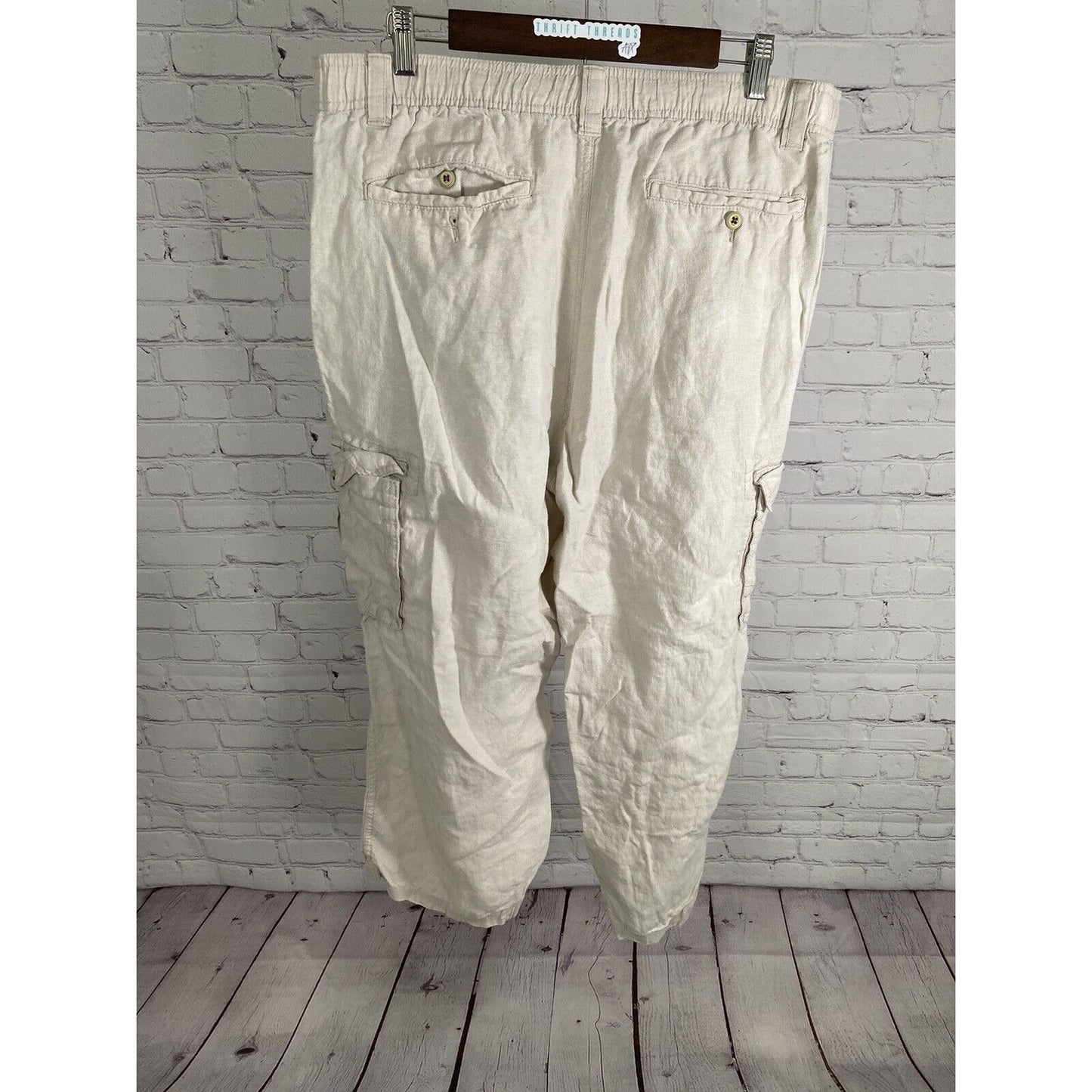 Caribbean Beige Linen Elastic Waist Wide Leg High Rise Cargo Pants Men’s 40 x 24