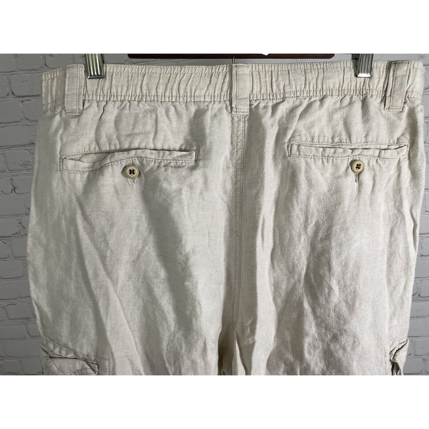 Caribbean Beige Linen Elastic Waist Wide Leg High Rise Cargo Pants Men’s 40 x 24