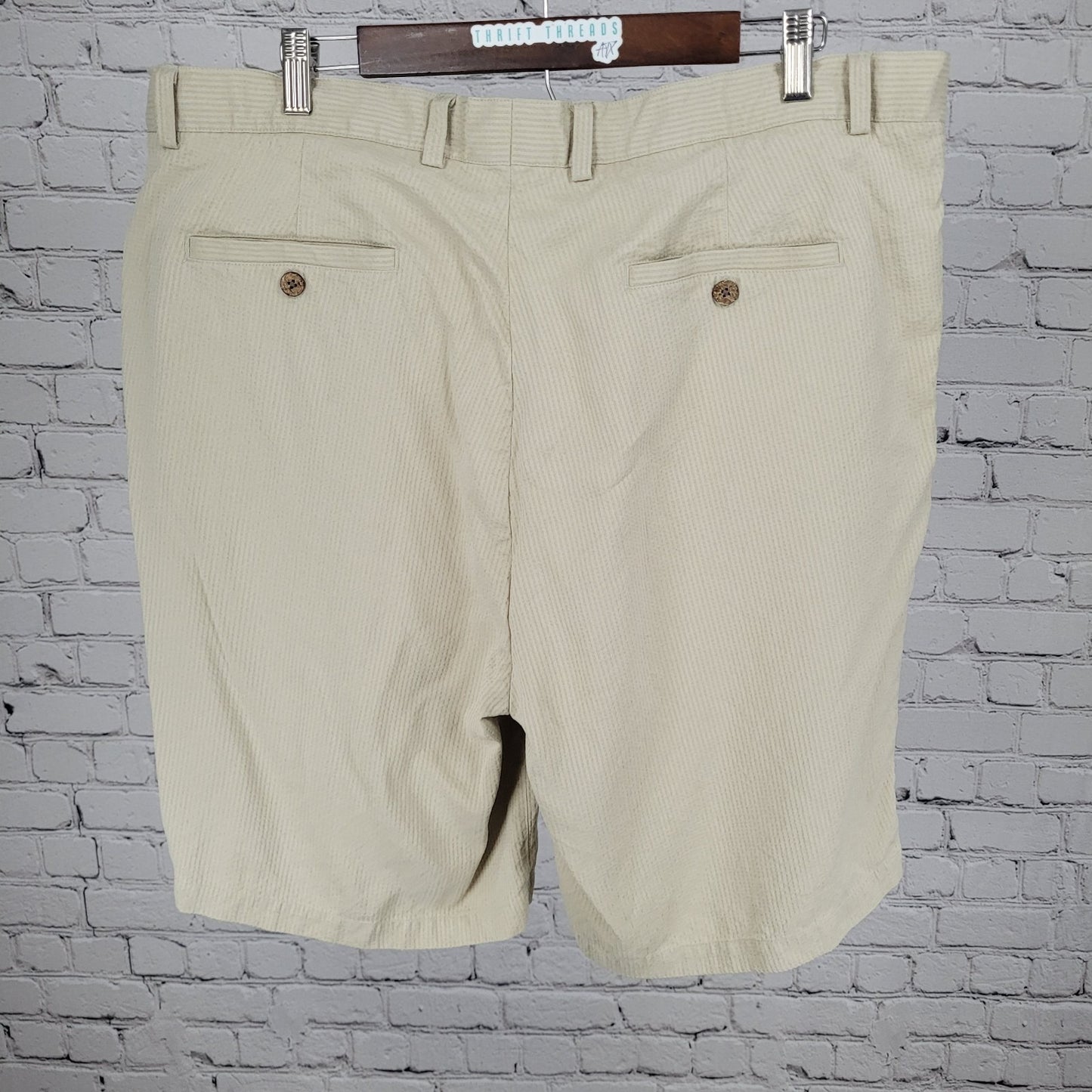 Lineage Beige 100% Silk Striped Pleated Lightweight Chino Shorts Size 42 (40x9)