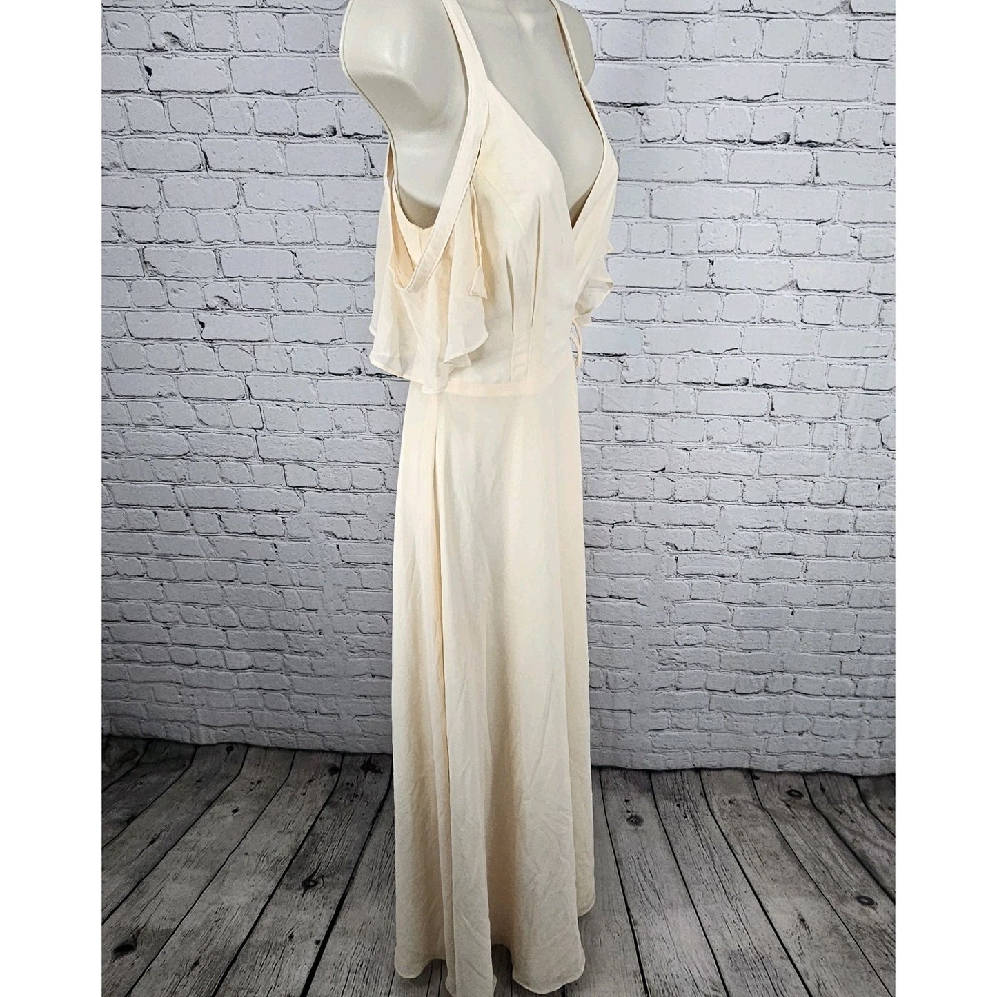 Lulus Cream Peach Chiffon Flutter Off Sleeve Wrap Tie Floor Length Dress XS