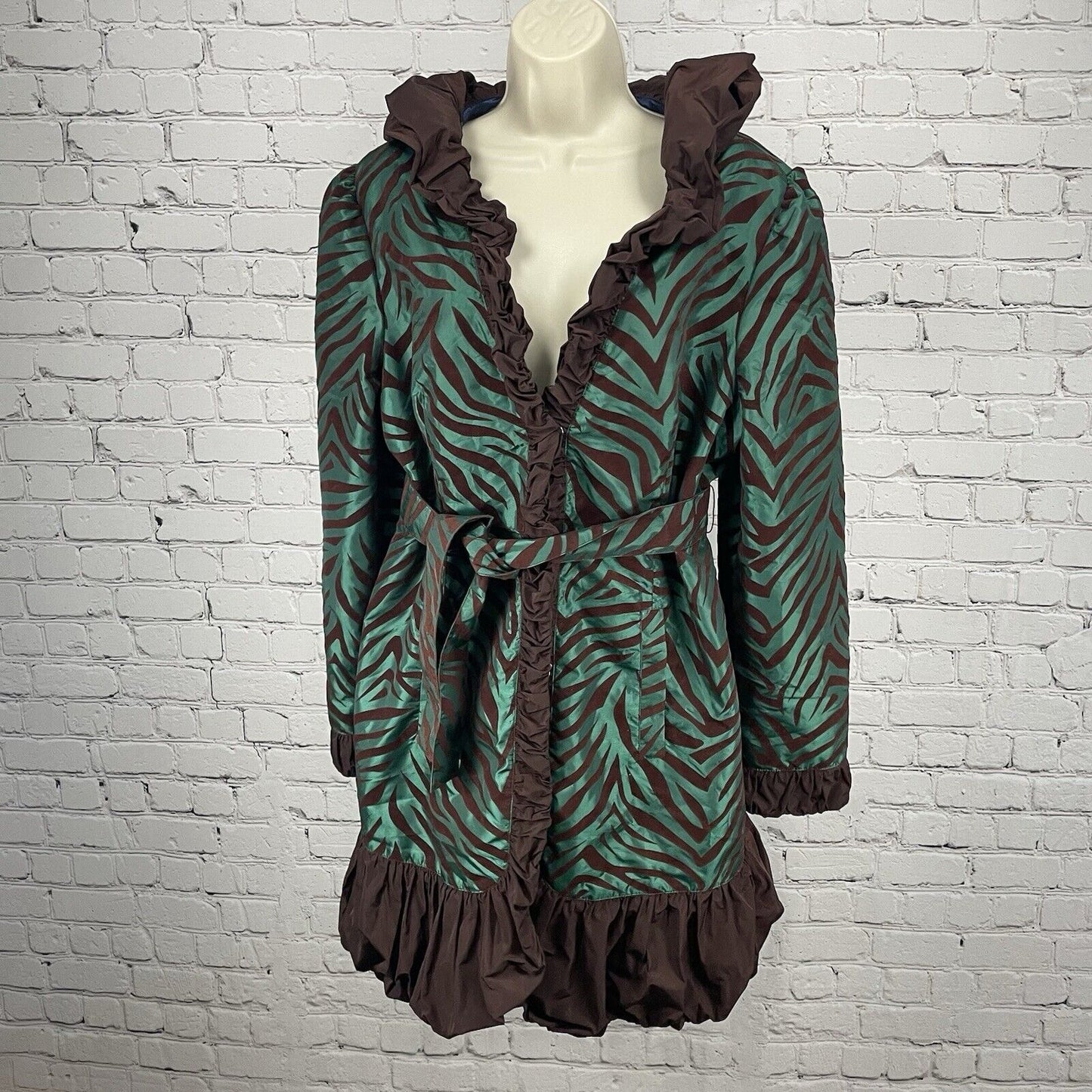 Ubu Green Brown Zebra Lightweight Ruffle Collar Belted Jacket Size Large L