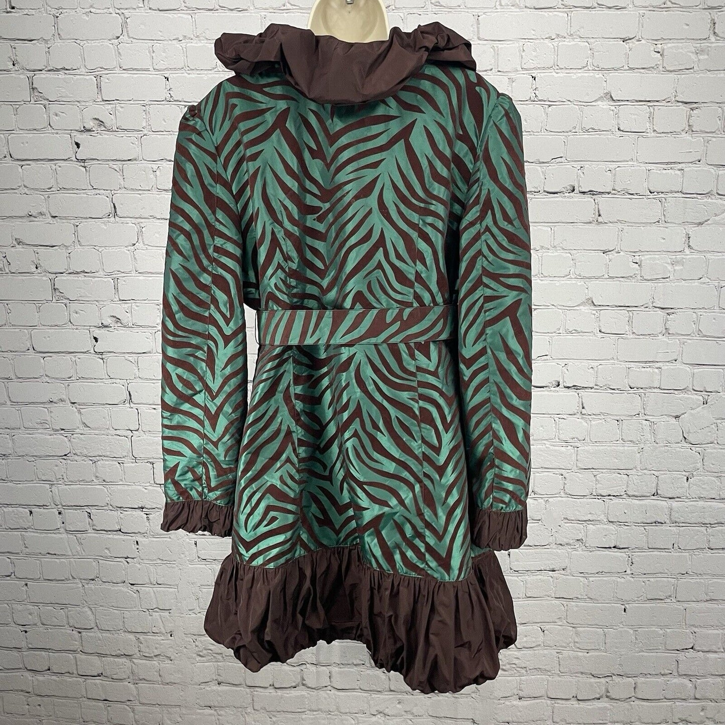 Ubu Green Brown Zebra Lightweight Ruffle Collar Belted Jacket Size Large L