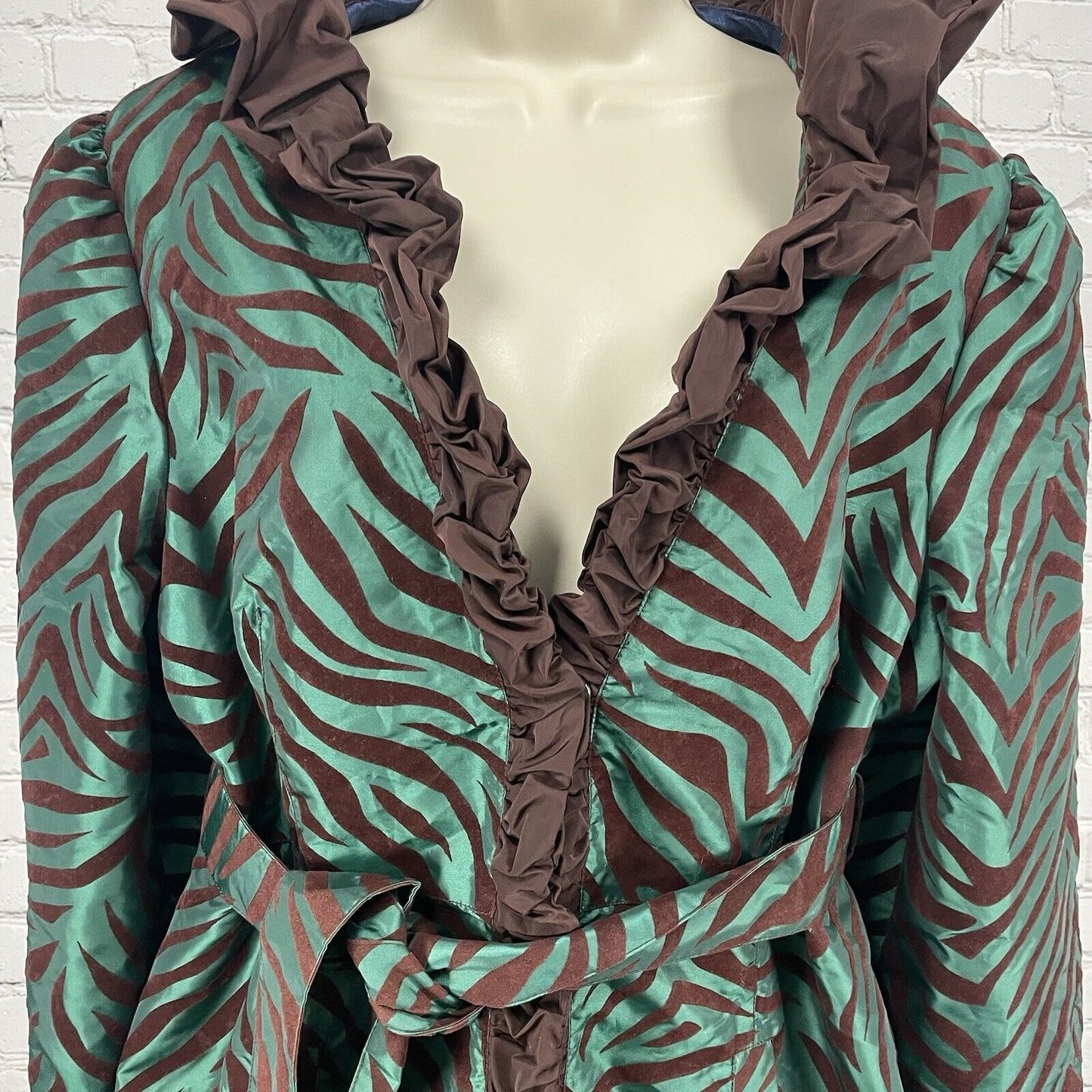 Ubu Green Brown Zebra Lightweight Ruffle Collar Belted Jacket Size Large L