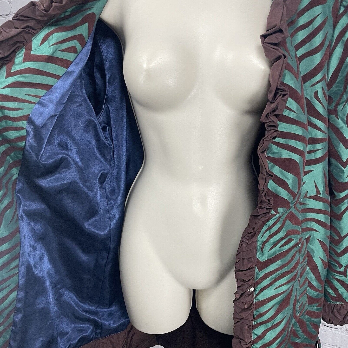 Ubu Green Brown Zebra Lightweight Ruffle Collar Belted Jacket Size Large L