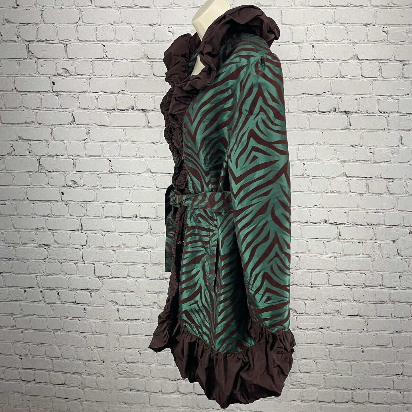 Ubu Green Brown Zebra Lightweight Ruffle Collar Belted Jacket Size Large L