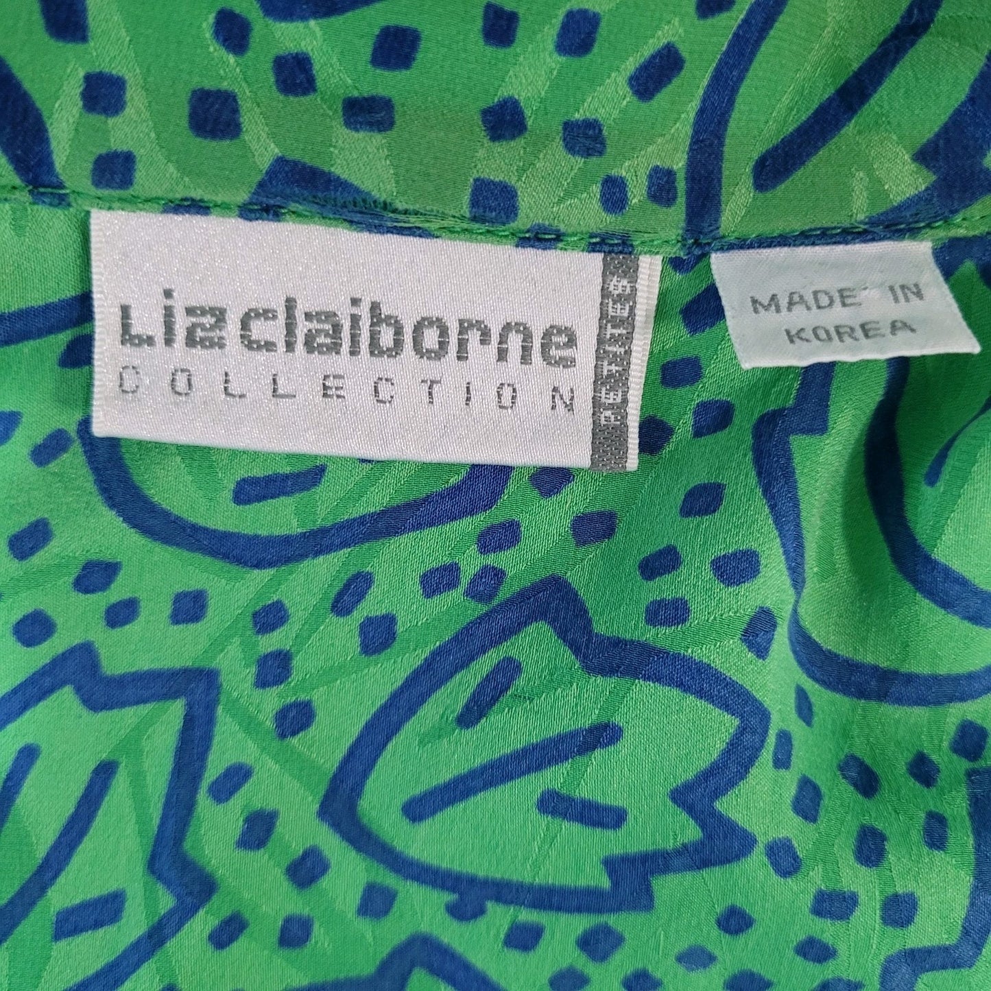 VTG Liz Claiborne Green 100% Silk Leaf Print Unlined Lightweight Jacket Size MP