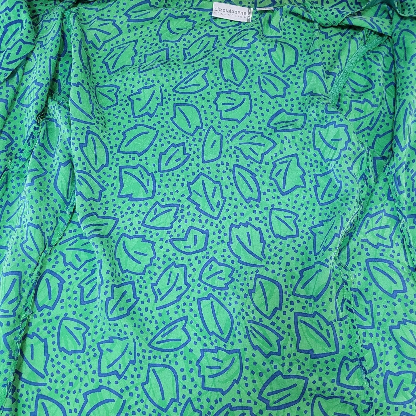VTG Liz Claiborne Green 100% Silk Leaf Print Unlined Lightweight Jacket Size MP